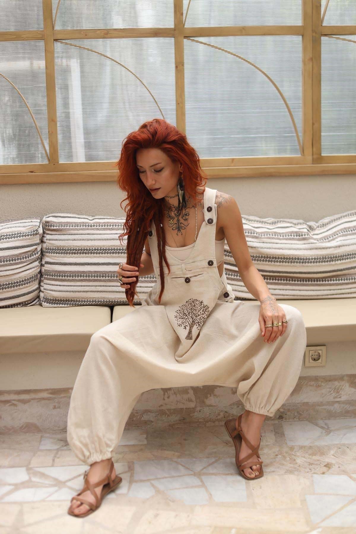 Cream Color Patterned Bohemian Jumpsuit