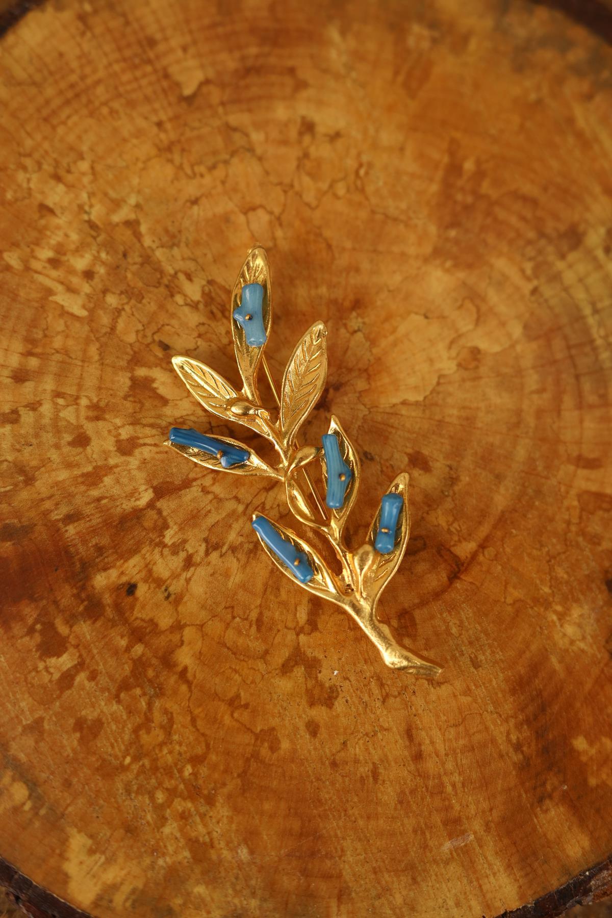 Doğal Taşlı Bronz Yaprak Tasarım Broş