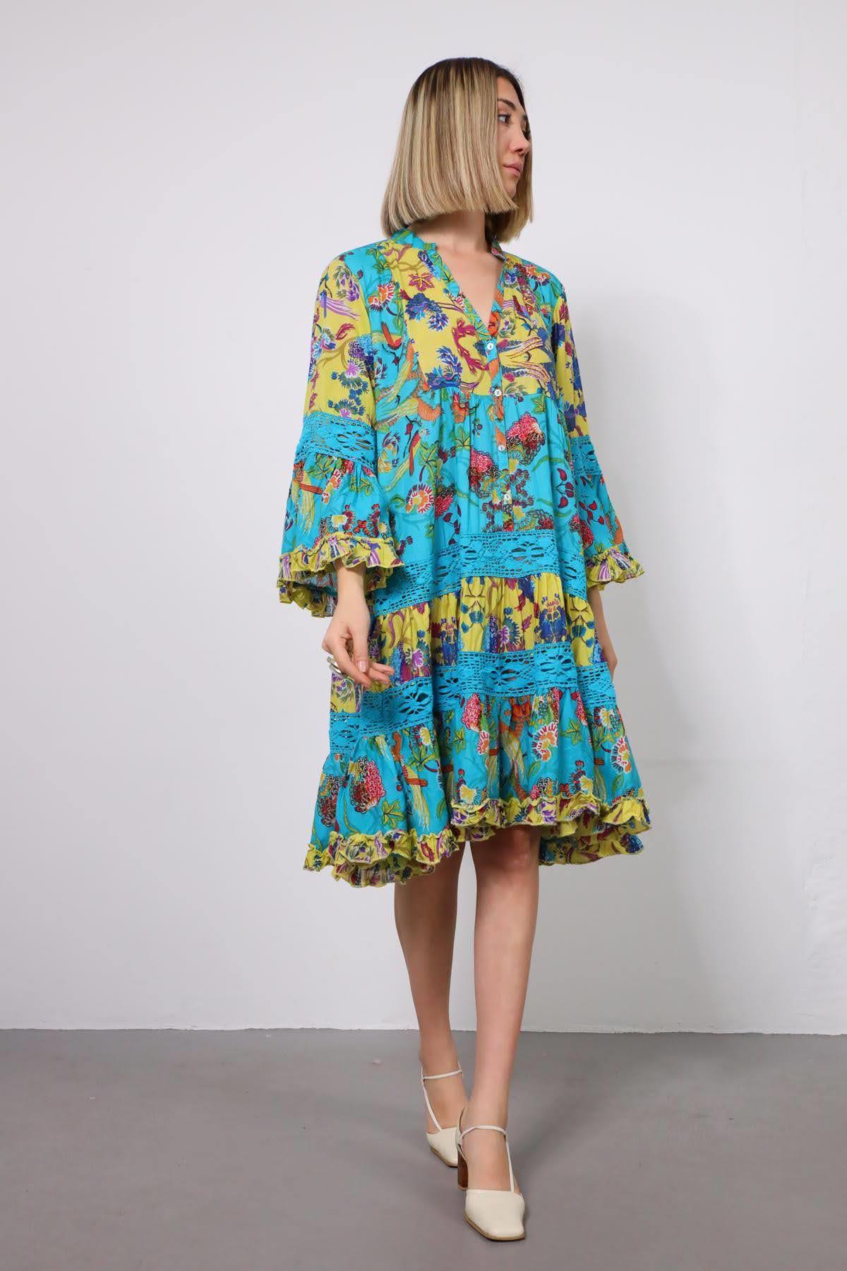 Turkuaz Kolları Volanlı Güpür Detaylı Otantik Elbise - Şaman Butik Turkuaz Kolları Volanlı Güpür Detaylı Otantik Elbise