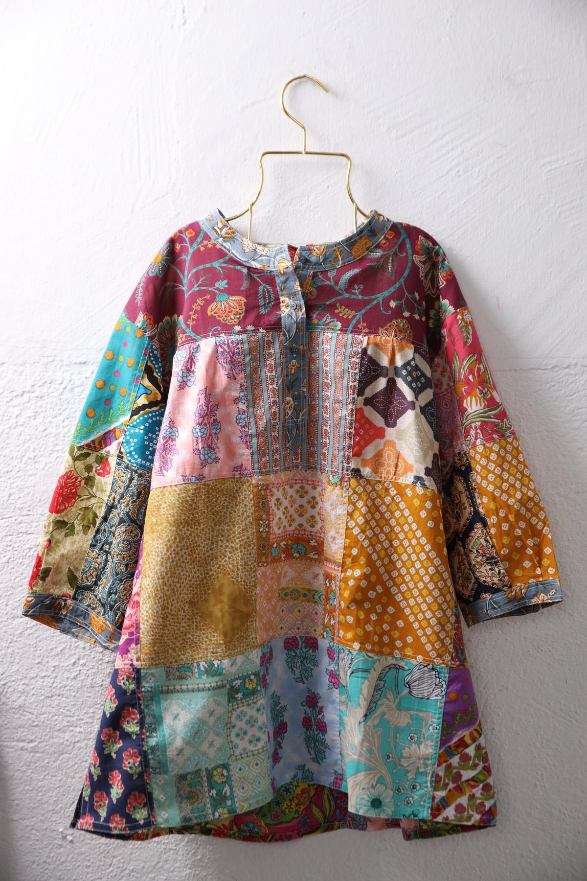 Gray Buttoned Collar Patchwork Tunic