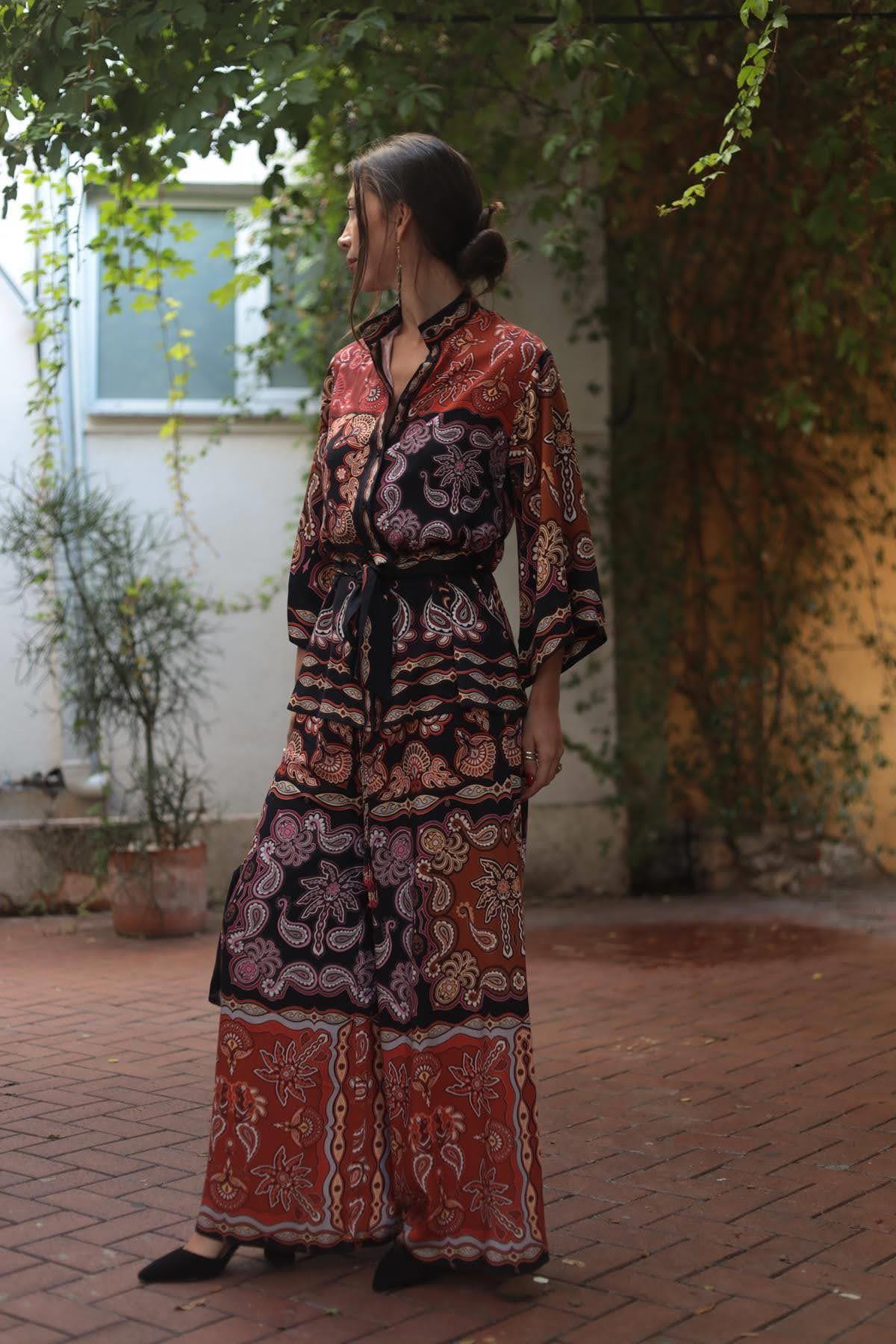 Siyah Otantik Desenli Gömlek Pantolon Takım