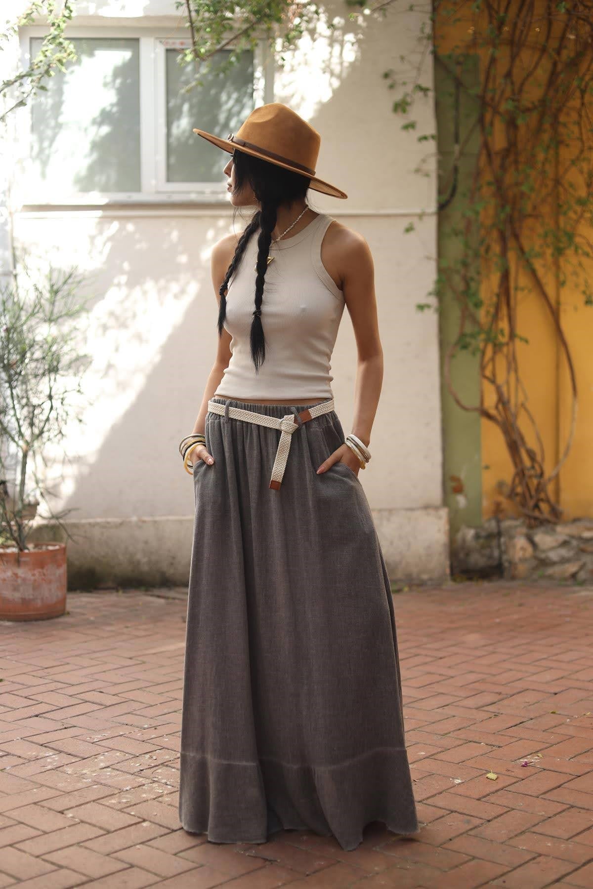 Vizon Rengi Parça Detaylı Soft Keten Etek