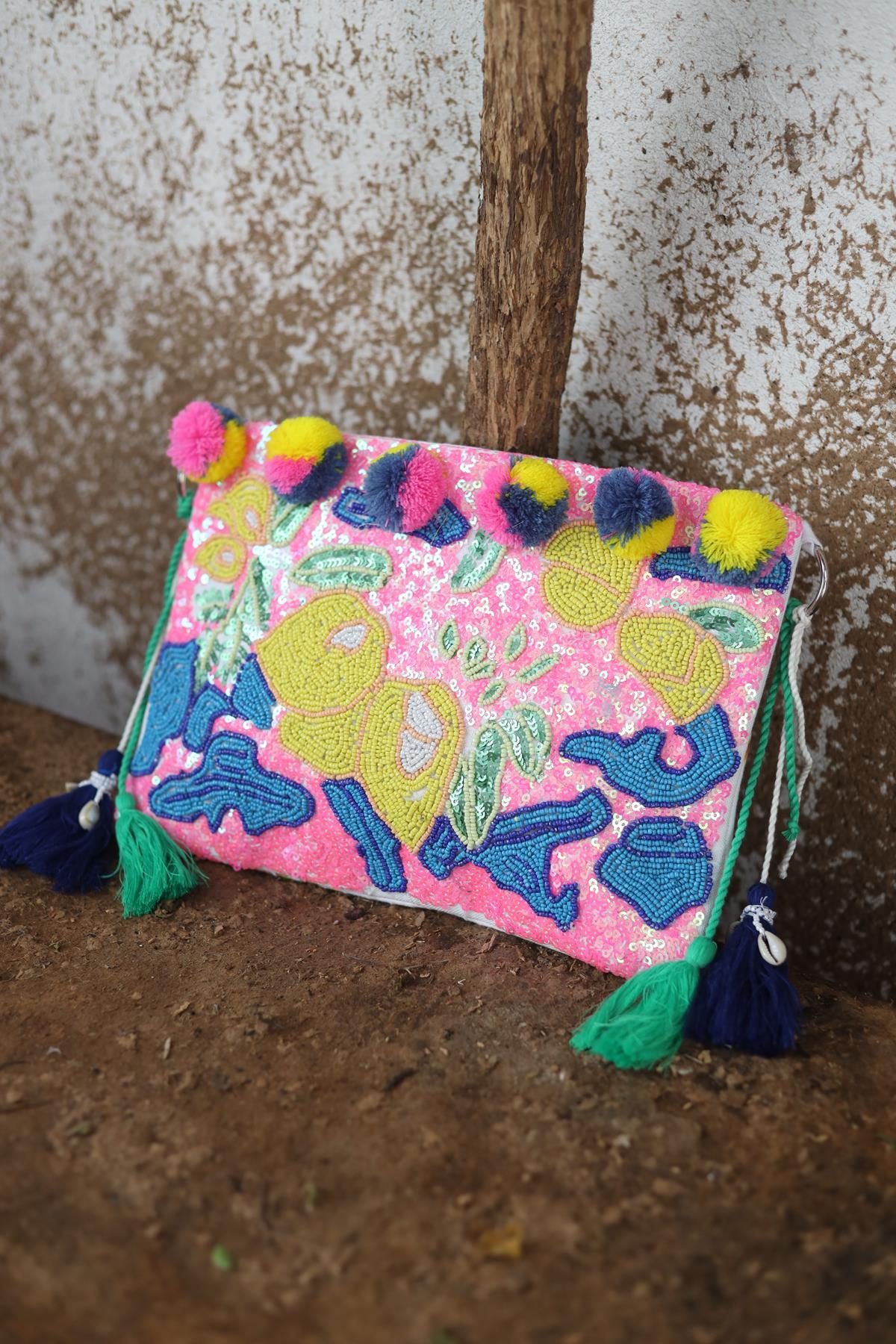 Pink Pom Pom Envelope Bag