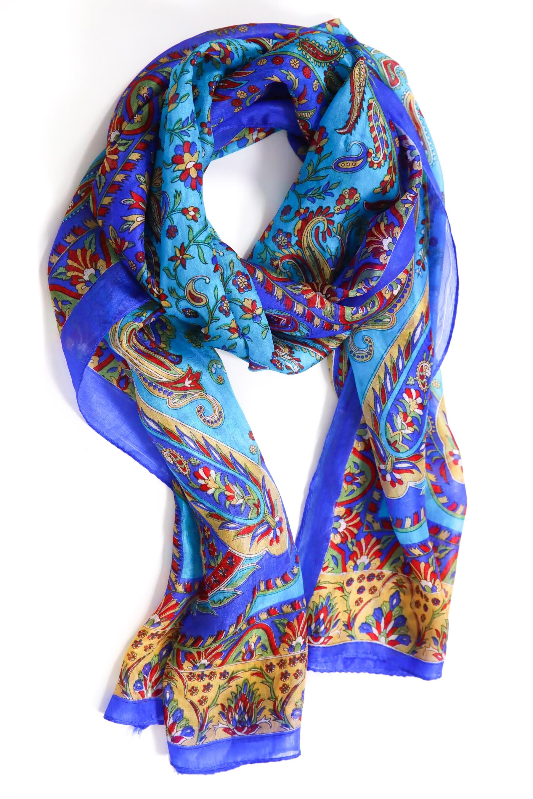  Saks Mavisi Desenli İpek Şal