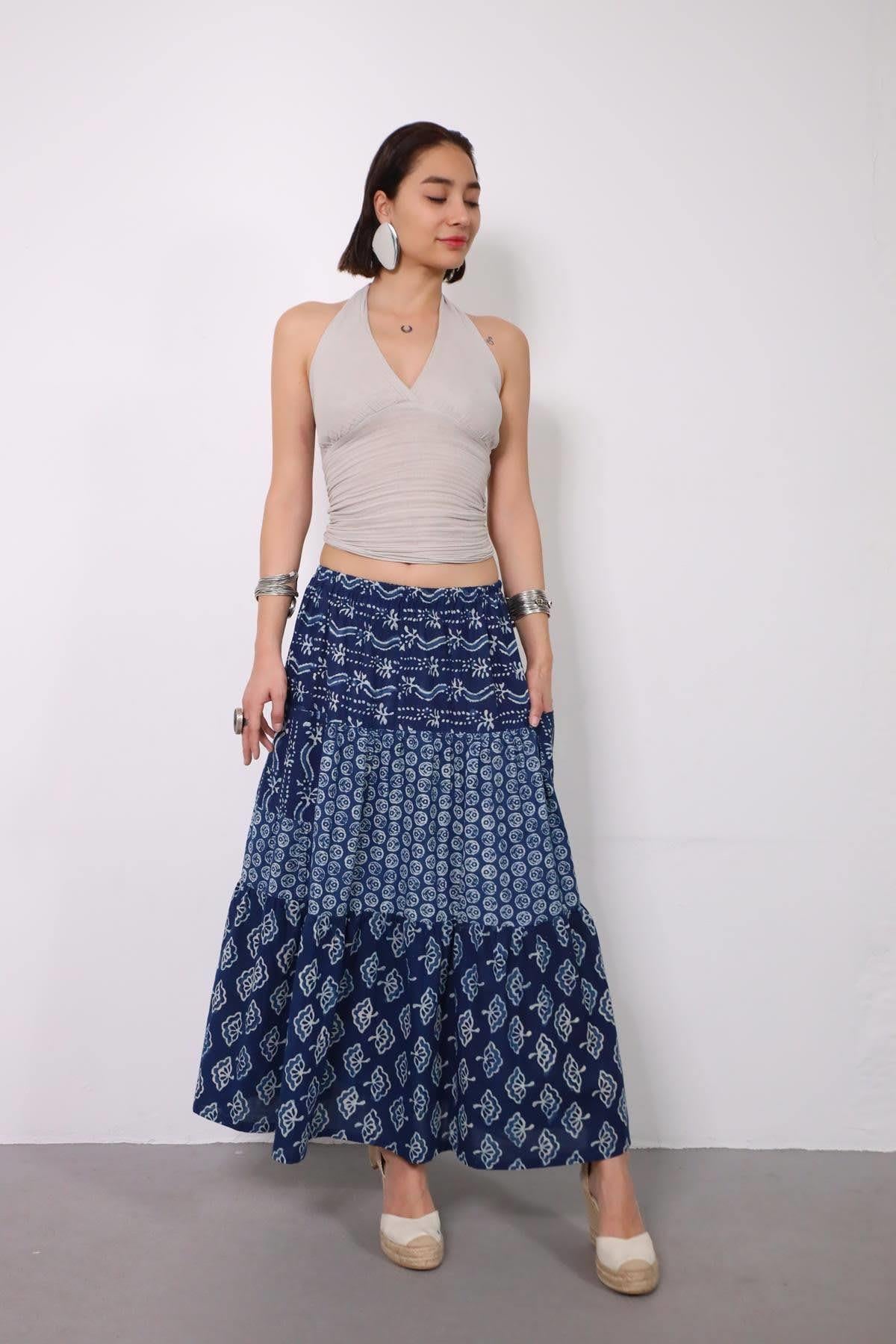 Mavi Cepli Otantik Parçalı Etek - Şaman Butik Mavi Cepli Otantik Parçalı Etek