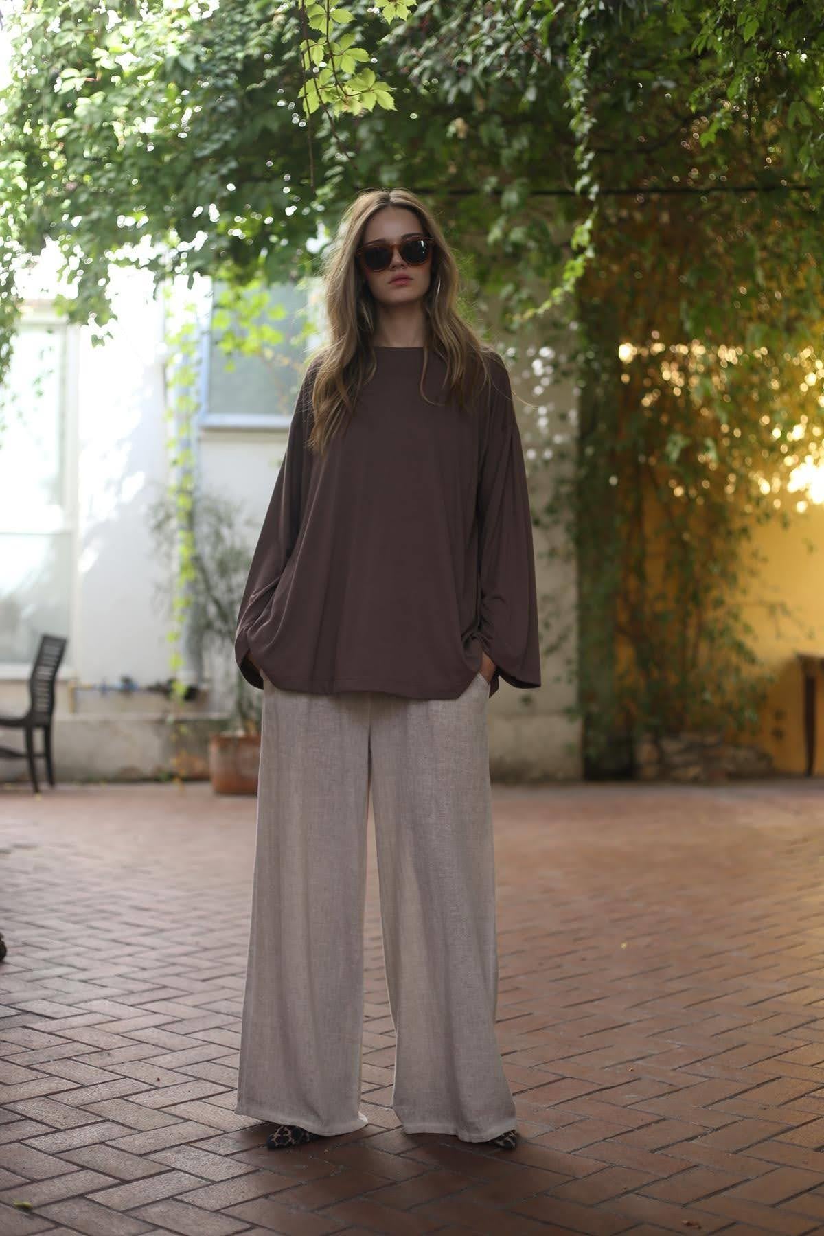 Kahverengi Salaş Uzun Kollu Bluz