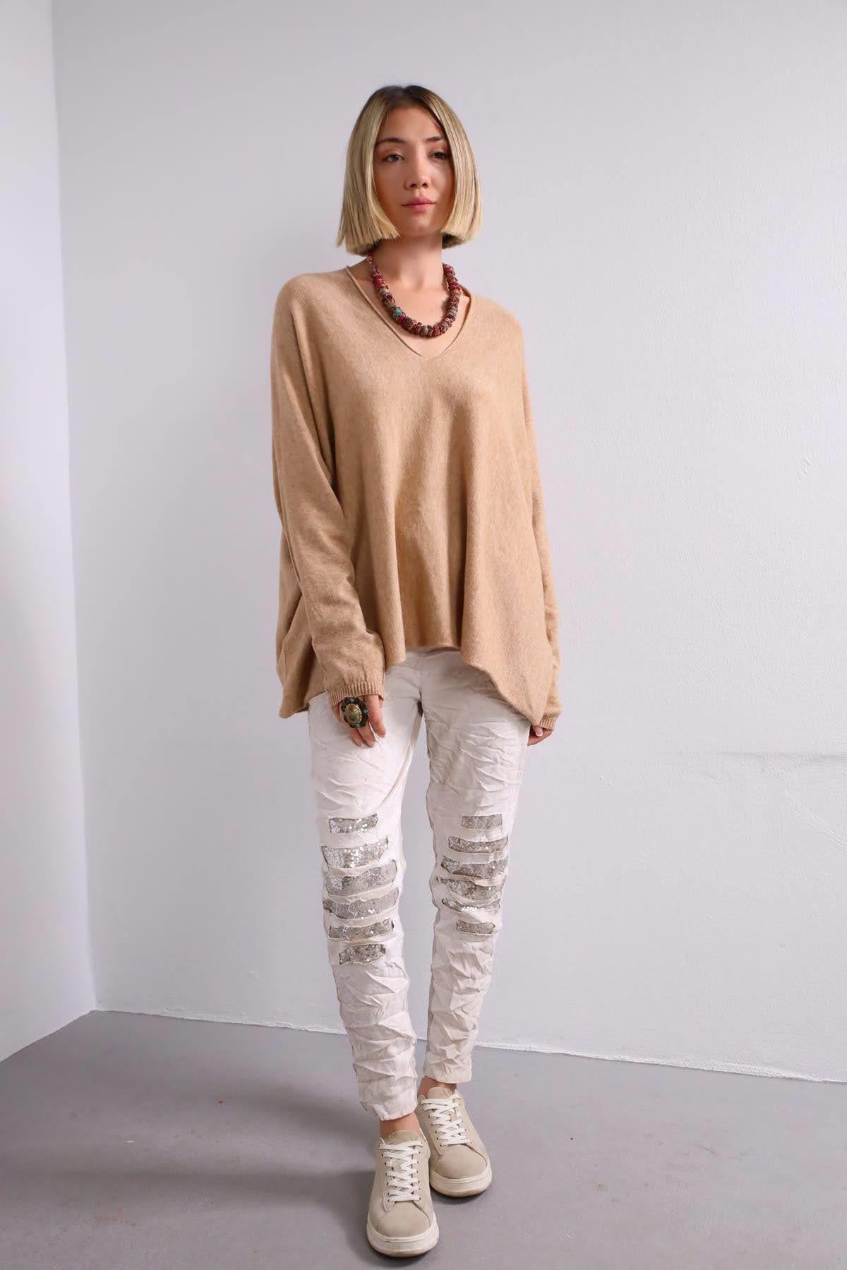 Taş Rengi Pul Yamalı Pantolon - Şaman Butik Taş Rengi Pul Yamalı Pantolon