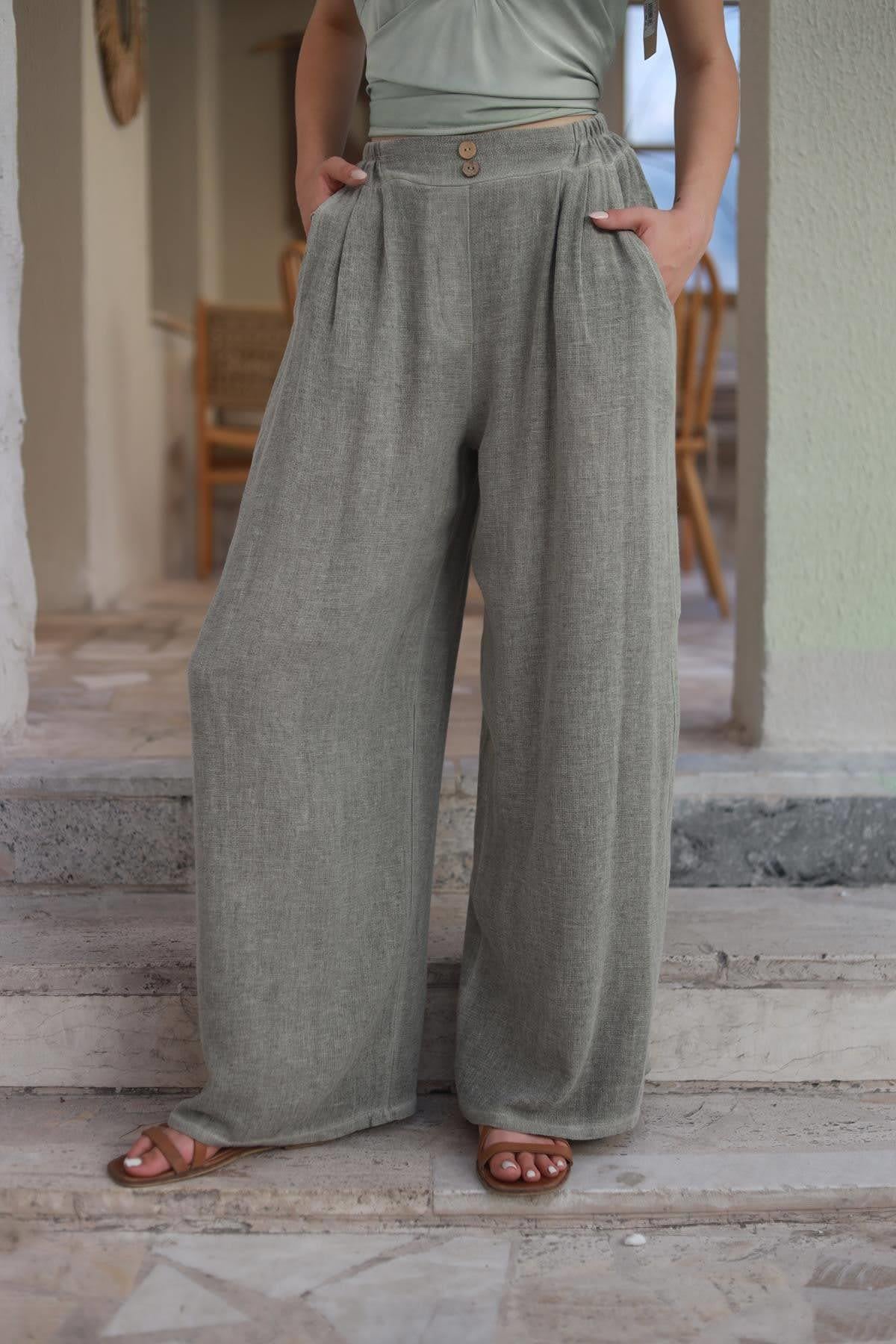 Haki Beli Çift Düğmeli Soft Keten Pantolon