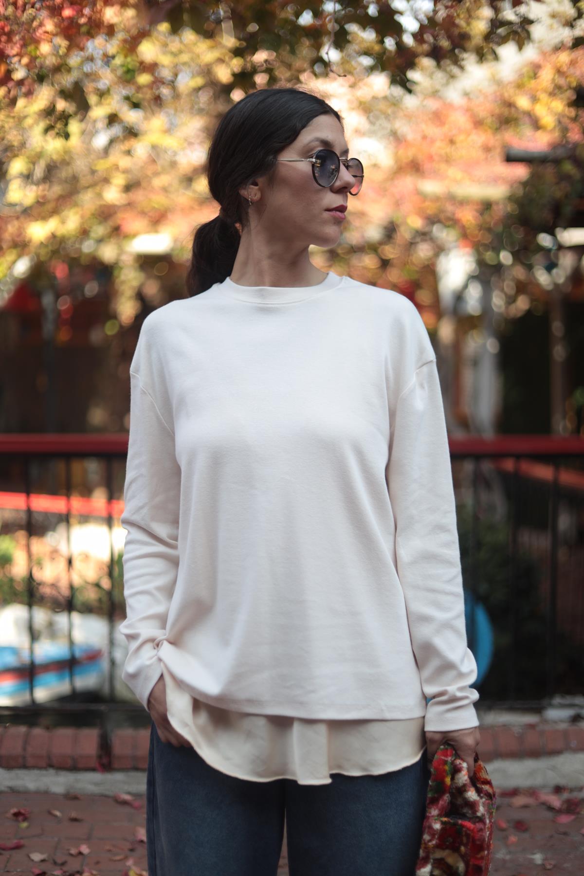 Krem Rengi Uzun Kollu Basic Bluz