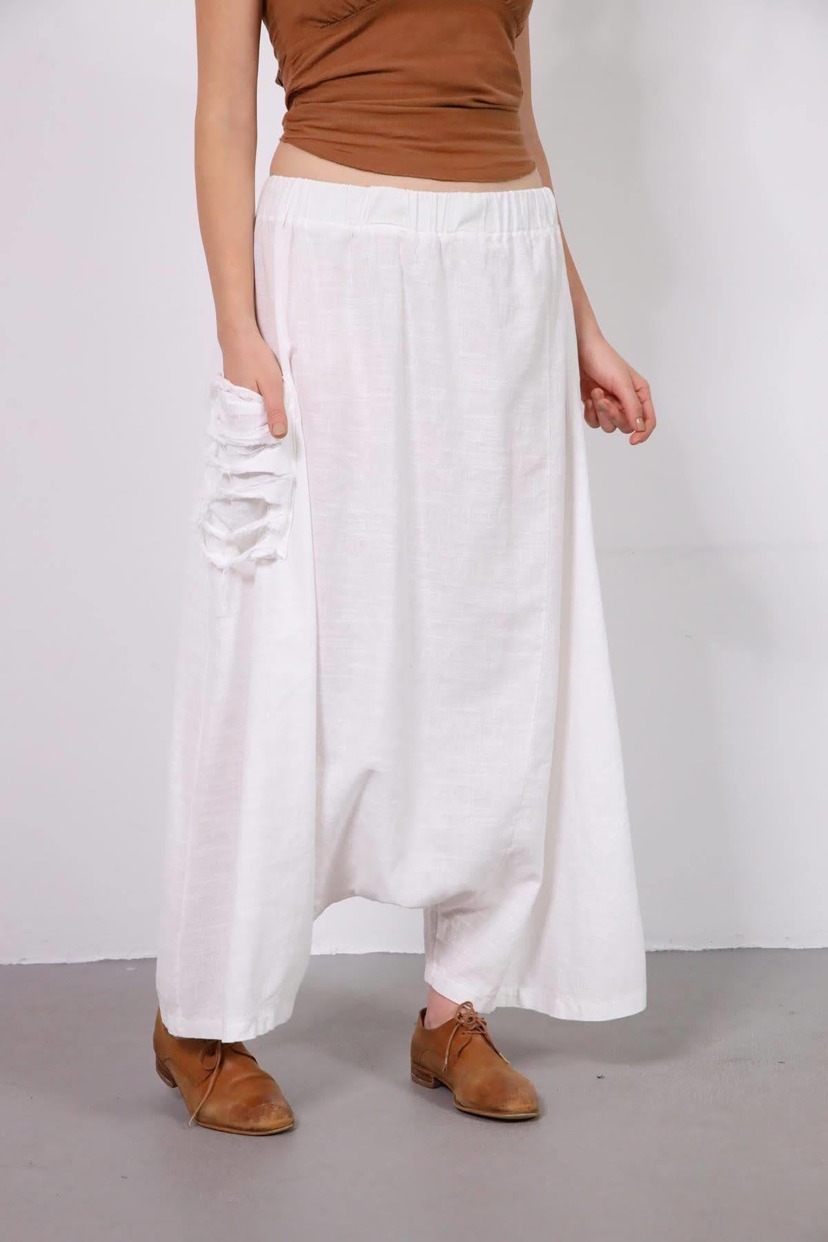 Beyaz Cebi Yırtık Detaylı Keten Şalvar - Şaman Butik Beyaz Cebi Yırtık Detaylı Keten Şalvar