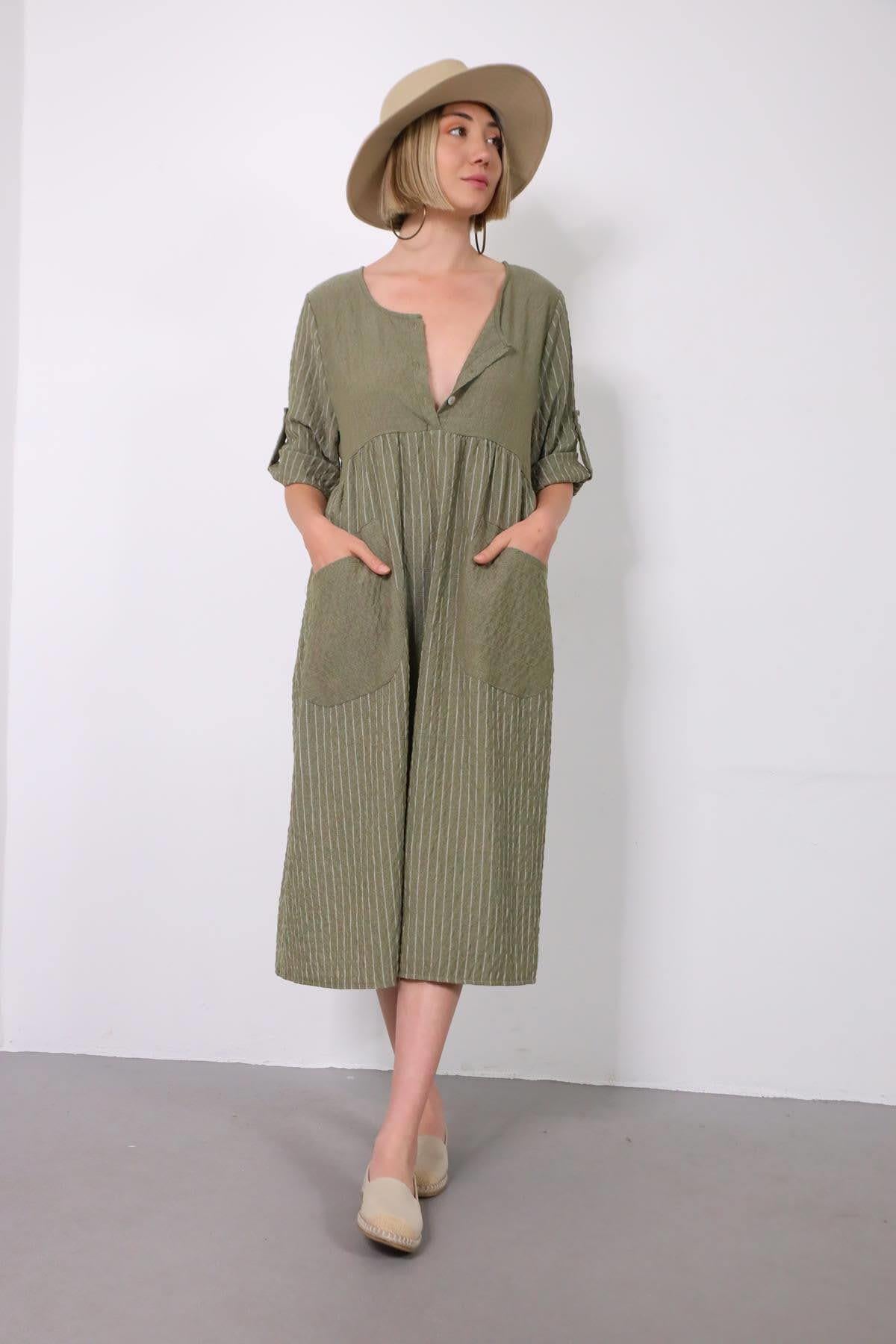 Haki Garnili Çizgili Gofre Elbise - Şaman Butik Haki Garnili Çizgili Gofre Elbise