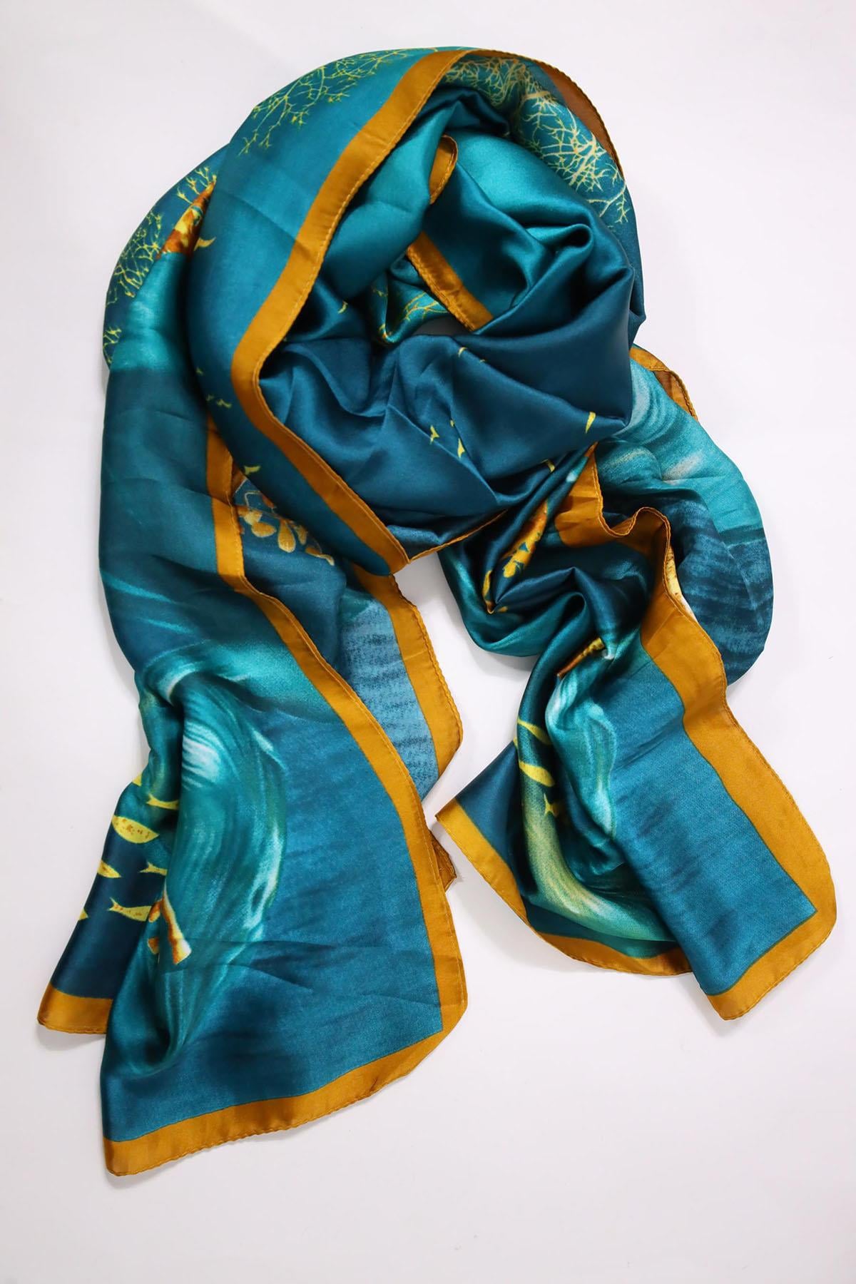 Petrol Mavisi Desenli Otantik İpek Şal - Şaman Bytik Petrol Mavisi Desenli Otantik İpek Şal