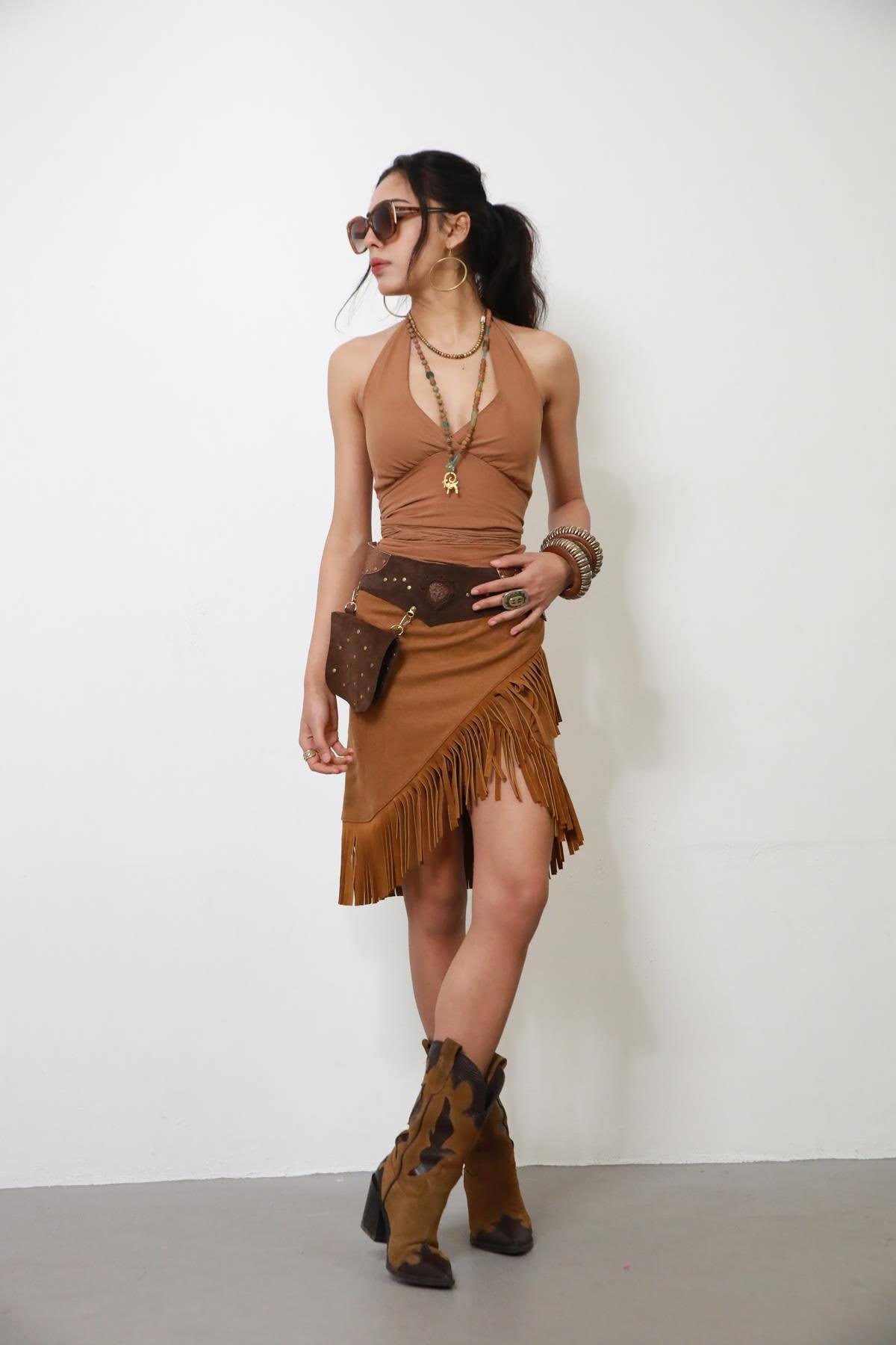 Brown Stone and Suede Detailed Skirt