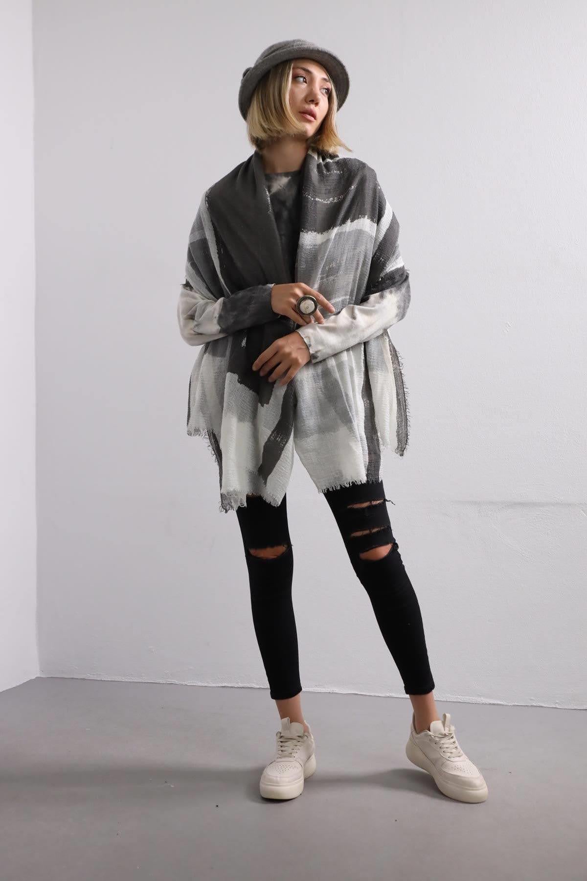 Gri Gradyanlı Pamuk Şal - Şaman Butik Gri Gradyanlı Pamuk Şal