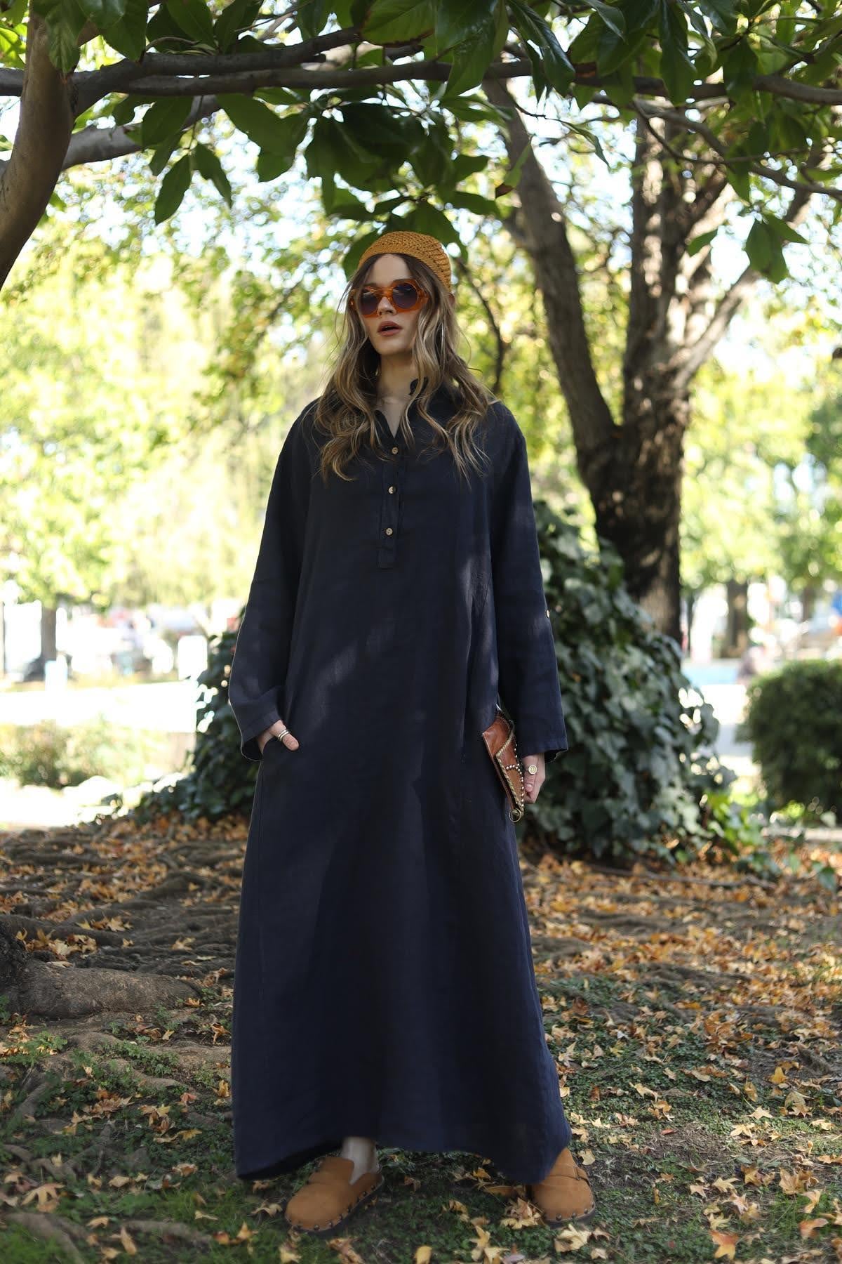 Lacivert Hakim Yaka Düğmeli Keten Elbise