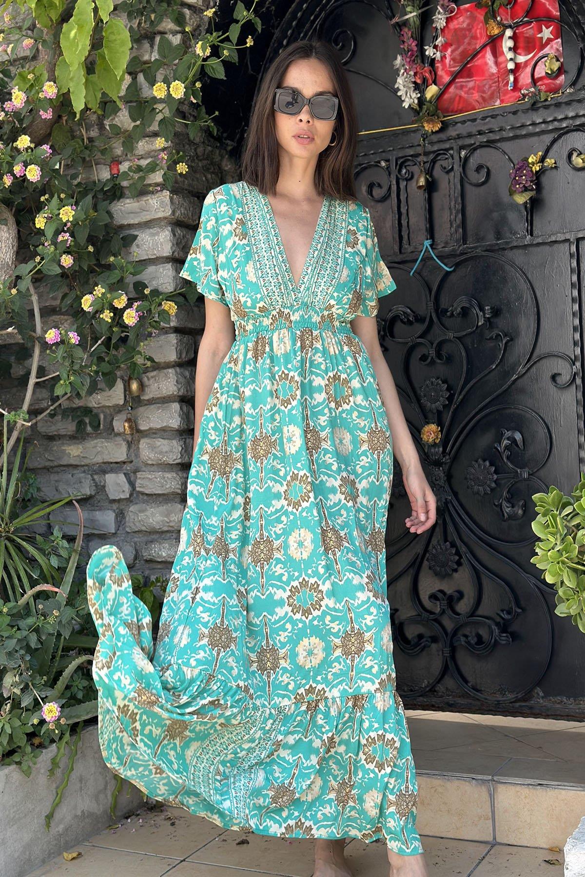 Green Patterned Short Sleeved Silk Dress