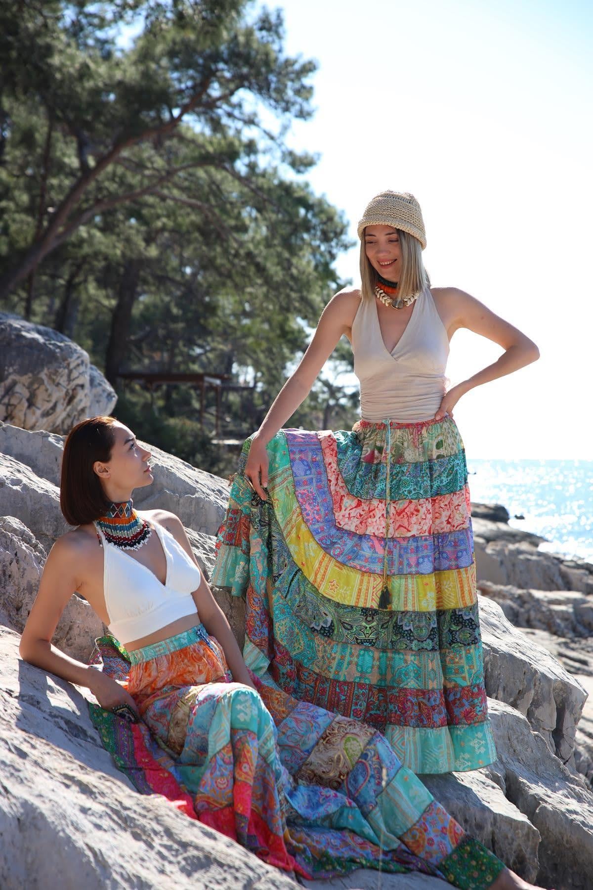  Renkli Patchwork Otantik İpek Etek