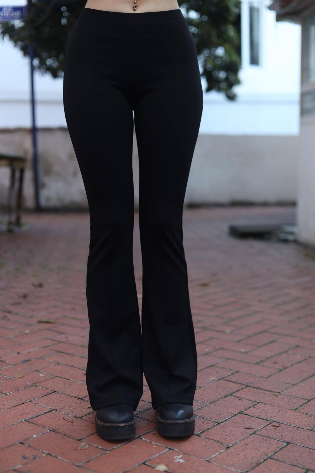 Siyah Önü Dikişli İspanyol Paça Çelik Tayt