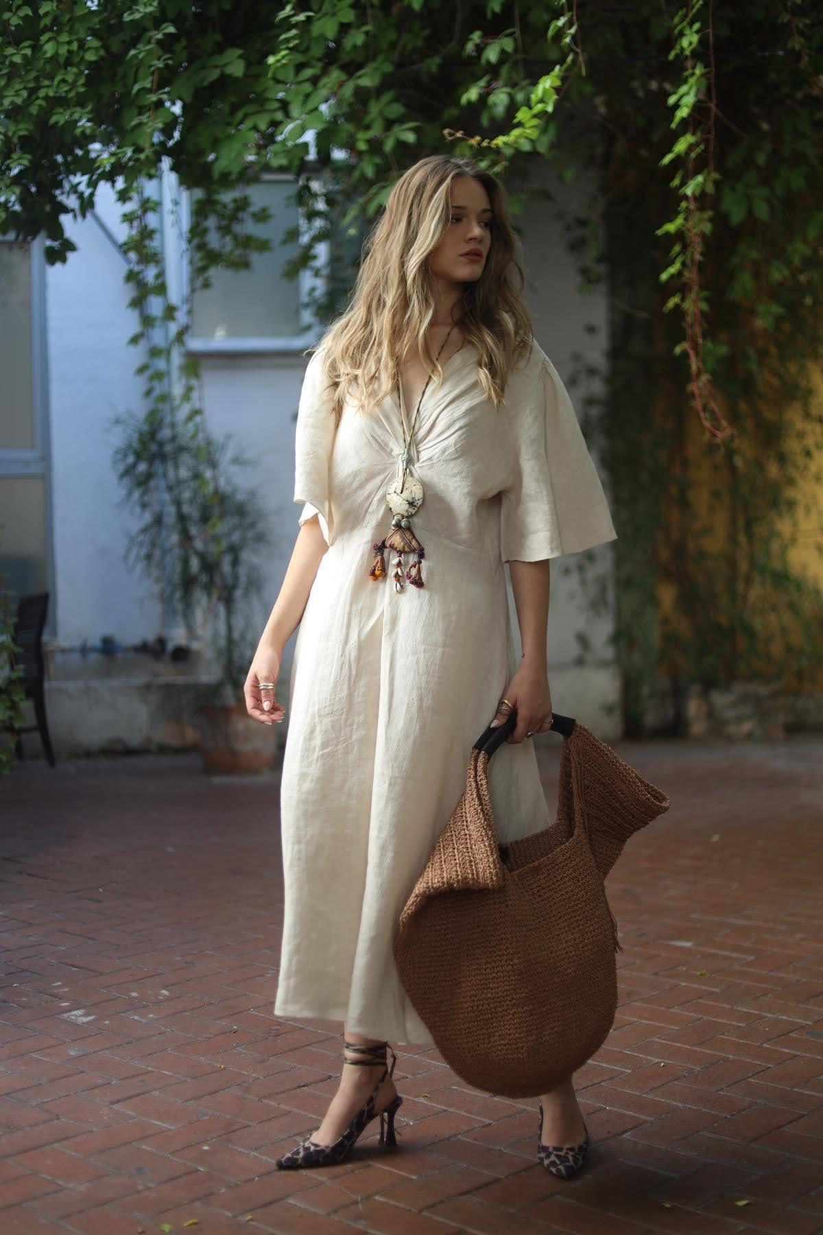 Krem Rengi Düğüm Detaylı Keten Elbise