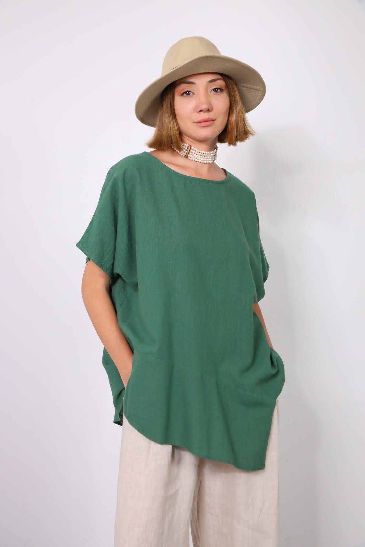 Yeşil Asimetrik Keten Bluz - Şaman Bluz Yeşil Asimetrik Keten Bluz