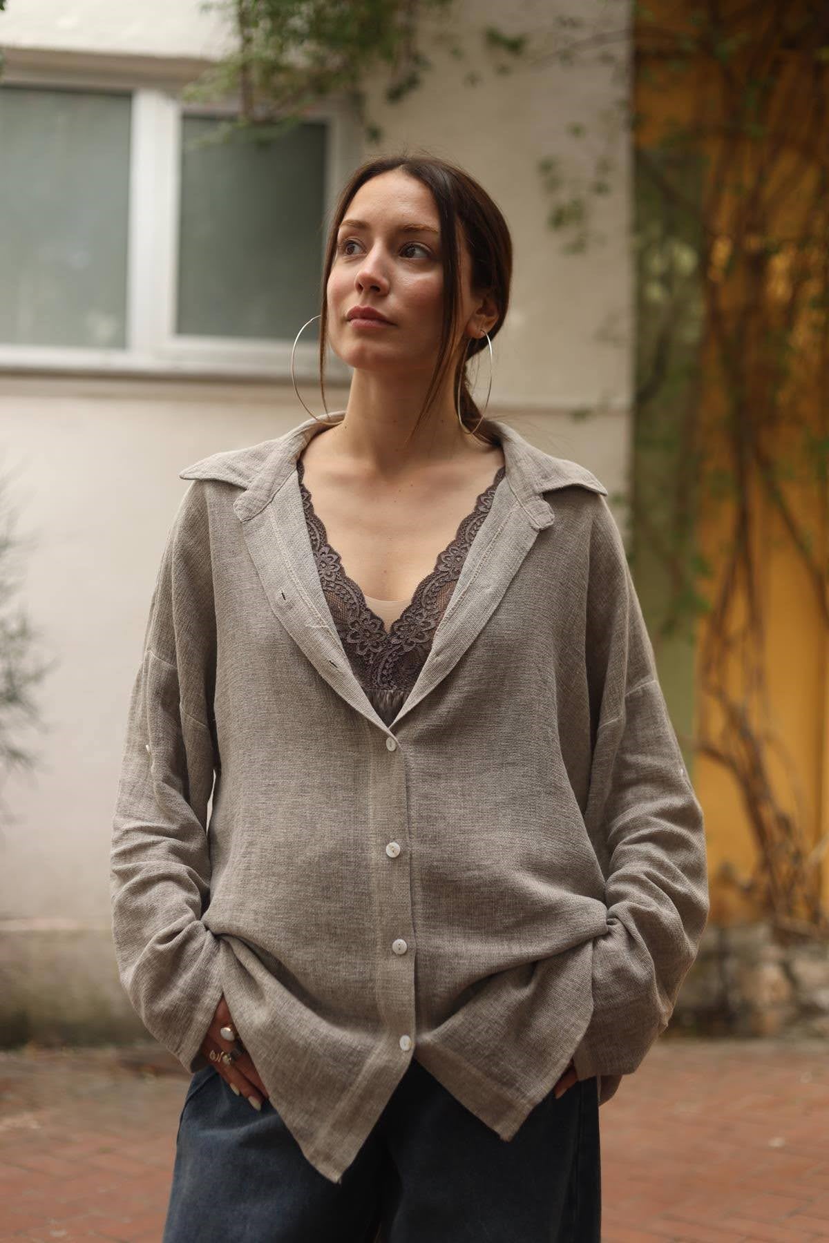 Vizon Rengi Kolları Apoletli Soft Keten Gömlek