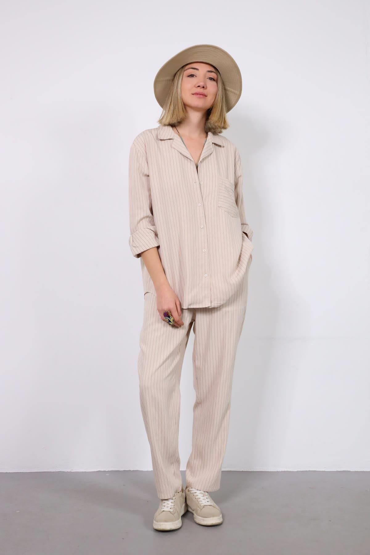 Taş Rengi Çizgili Gömlek ve Pantolon Takım - Şaman Butik Taş Rengi Çizgili Gömlek ve Pantolon Takım
