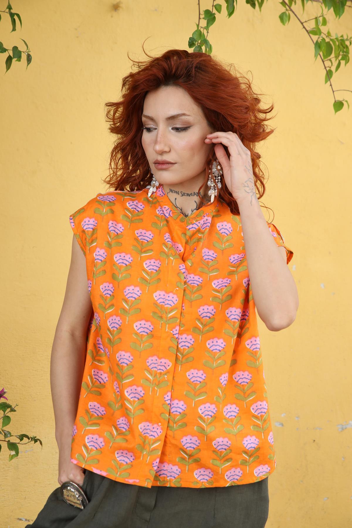 Orange Patterned Mandarin Collar Sleeveless Shirt