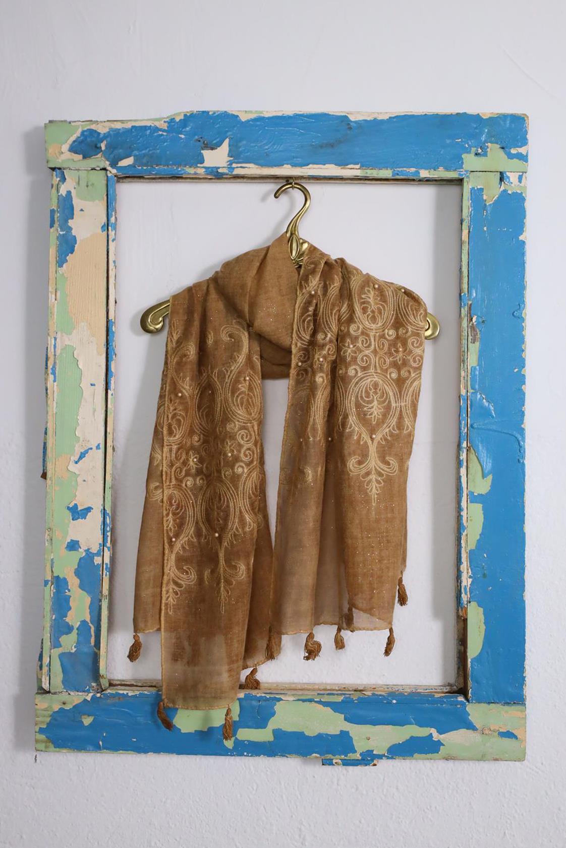 Camel Rengi Simli İnci İşlemeli Şal - Şaman Butik Camel Rengi Simli İnci İşlemeli Şal