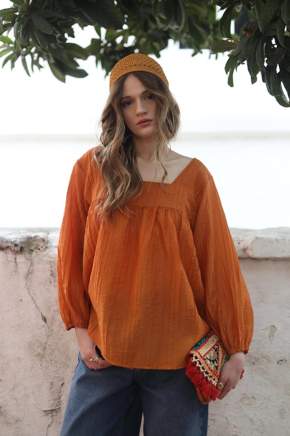 Orange Square Neck Tie Back Blouse