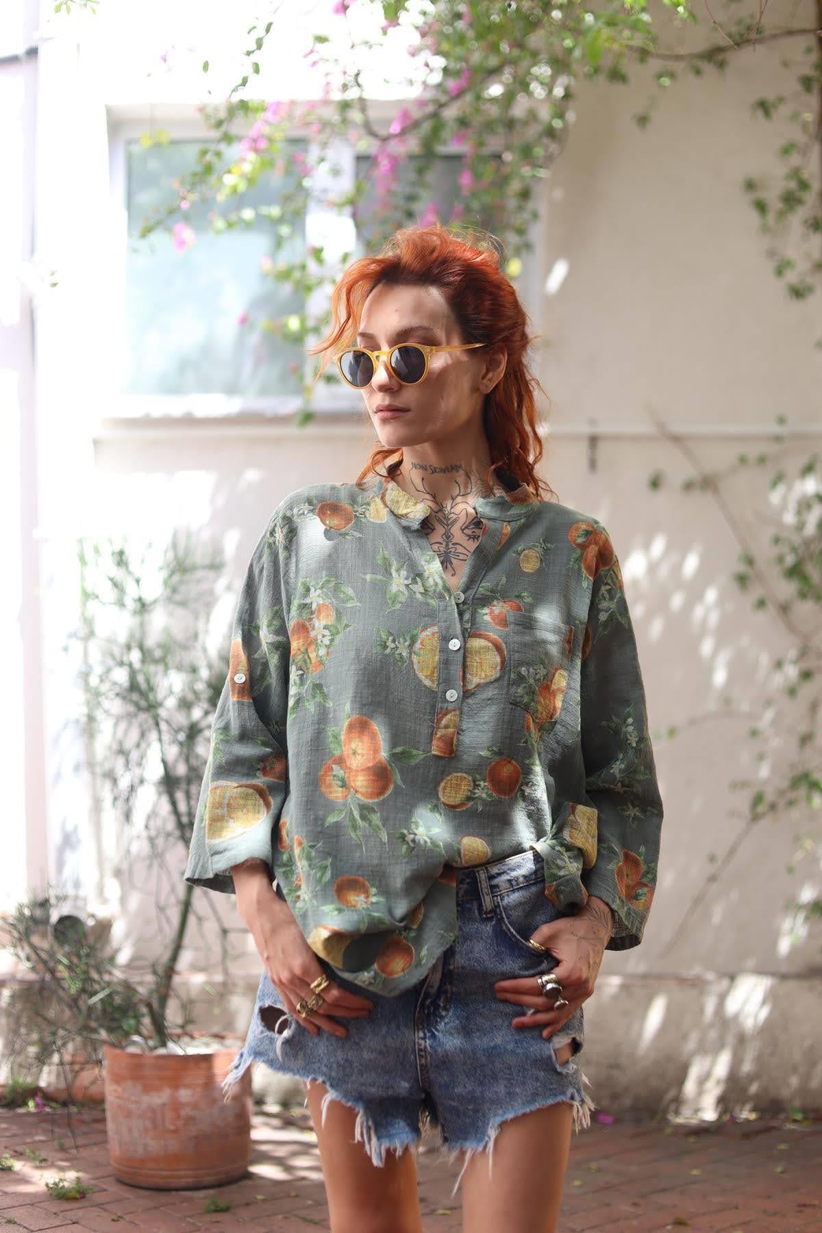 Khaki Orange Patterned Three Button Shirt