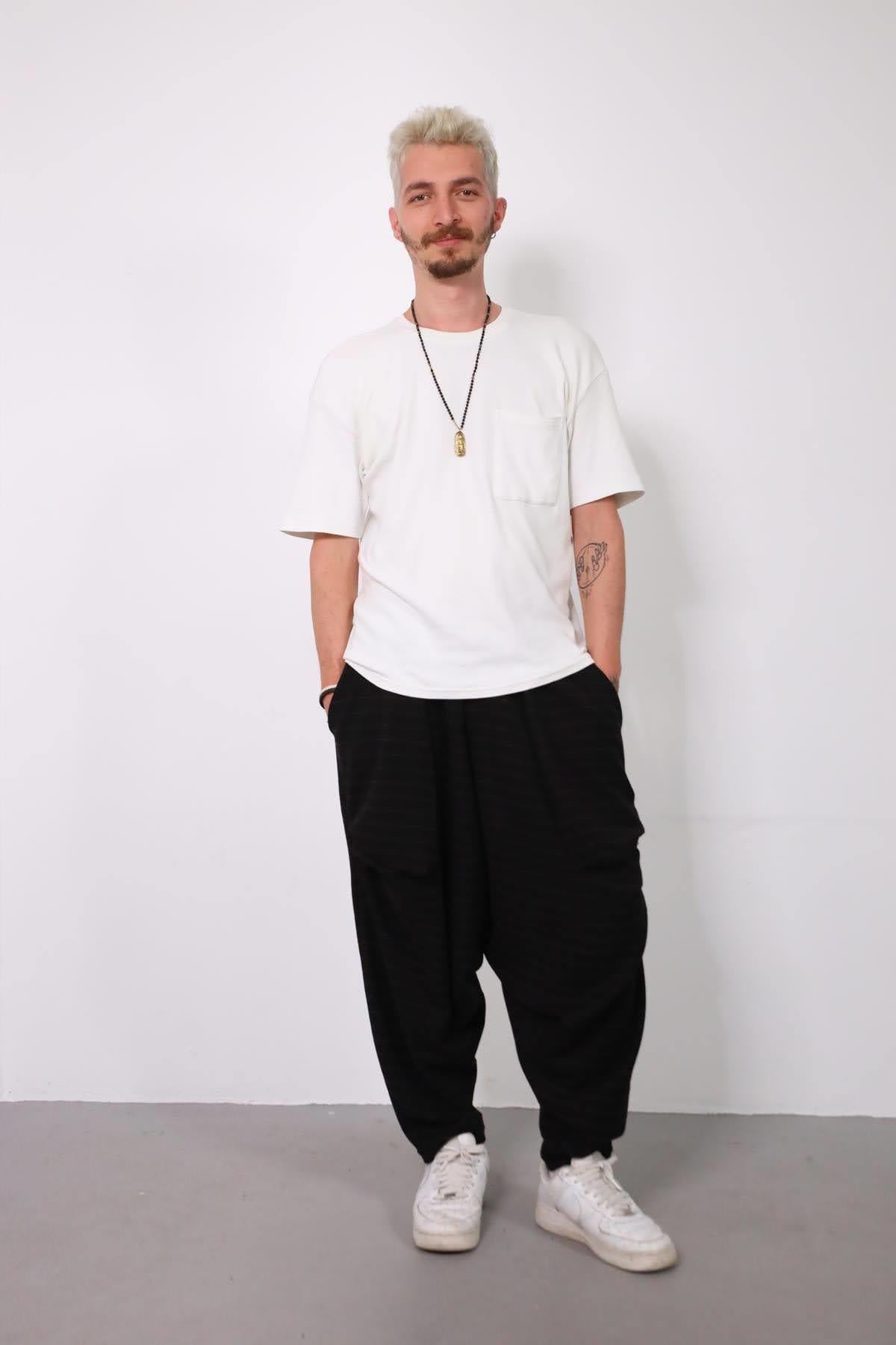 Siyah Torba Cepli Beli Lastikli Çizgili Erkek Şalvar - Şaman Butik Siyah Torba Cepli Beli Lastikli Çizgili Erkek Şalvar