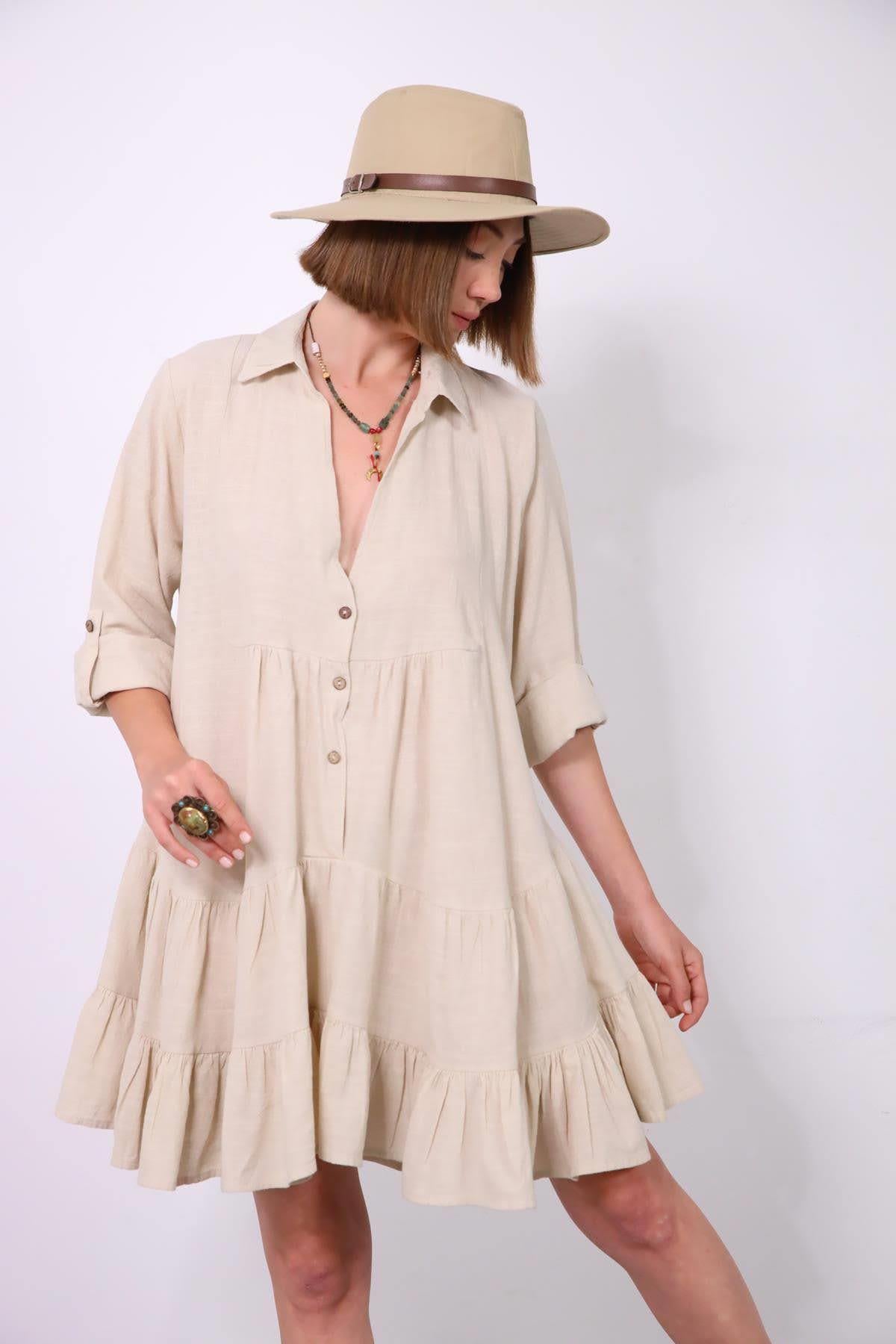 Krem Rengi Keten Positano Elbise - Şaman Butik Krem Rengi Keten Positano Elbise