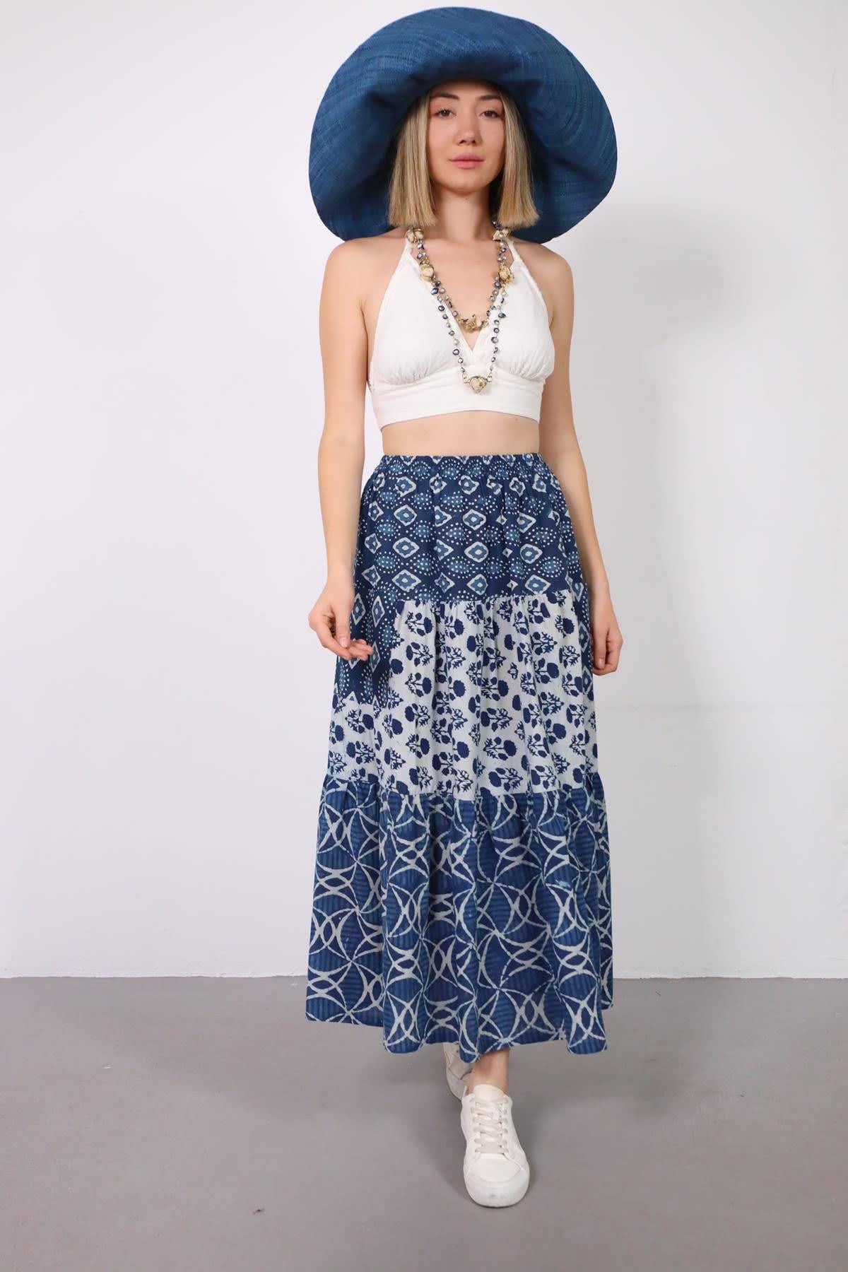 Mavi Cepli Otantik Parçalı Etek - Şaman Butik Mavi Cepli Otantik Parçalı Etek