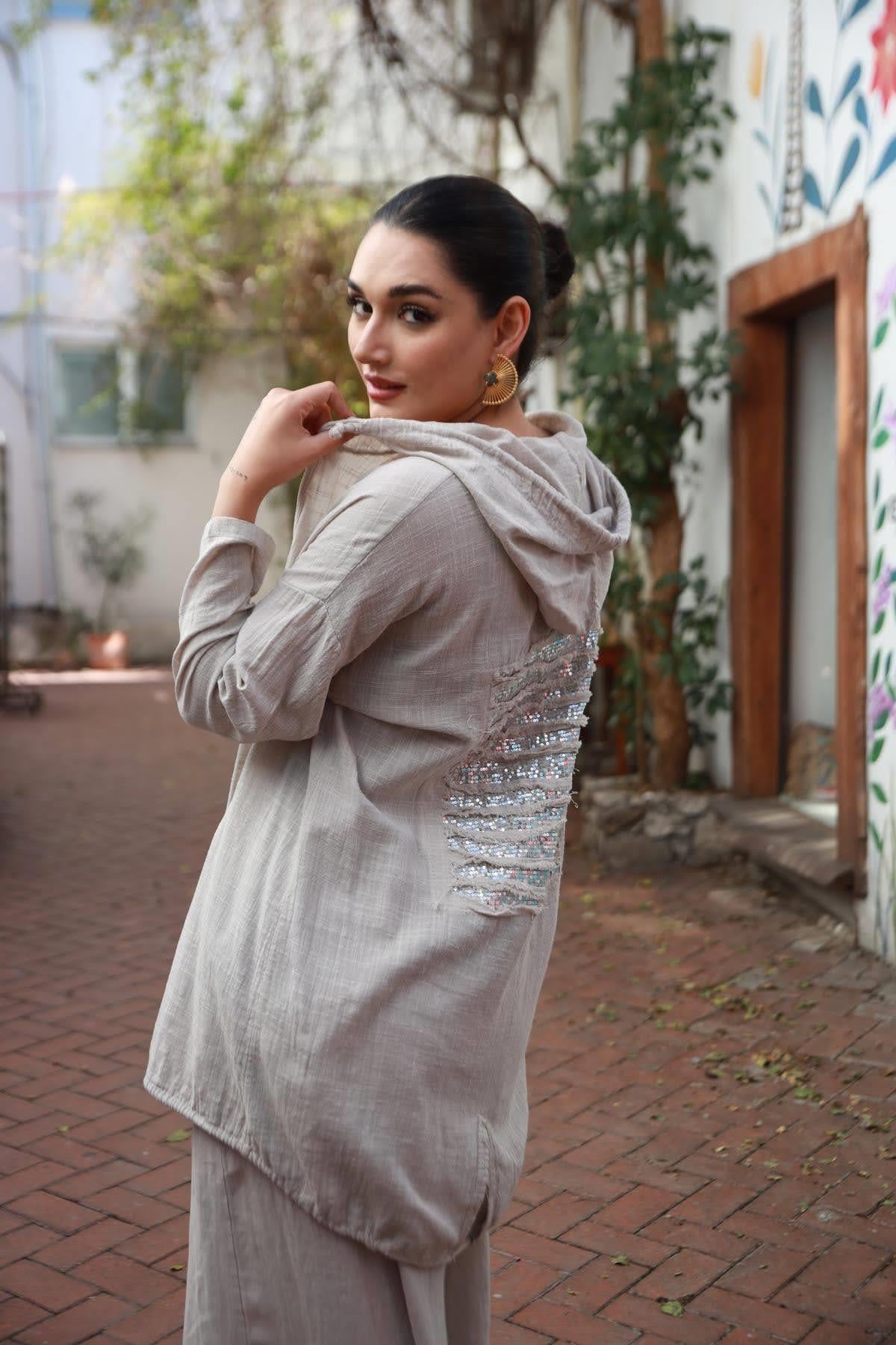 Beige Hooded Back Sequined Jacket