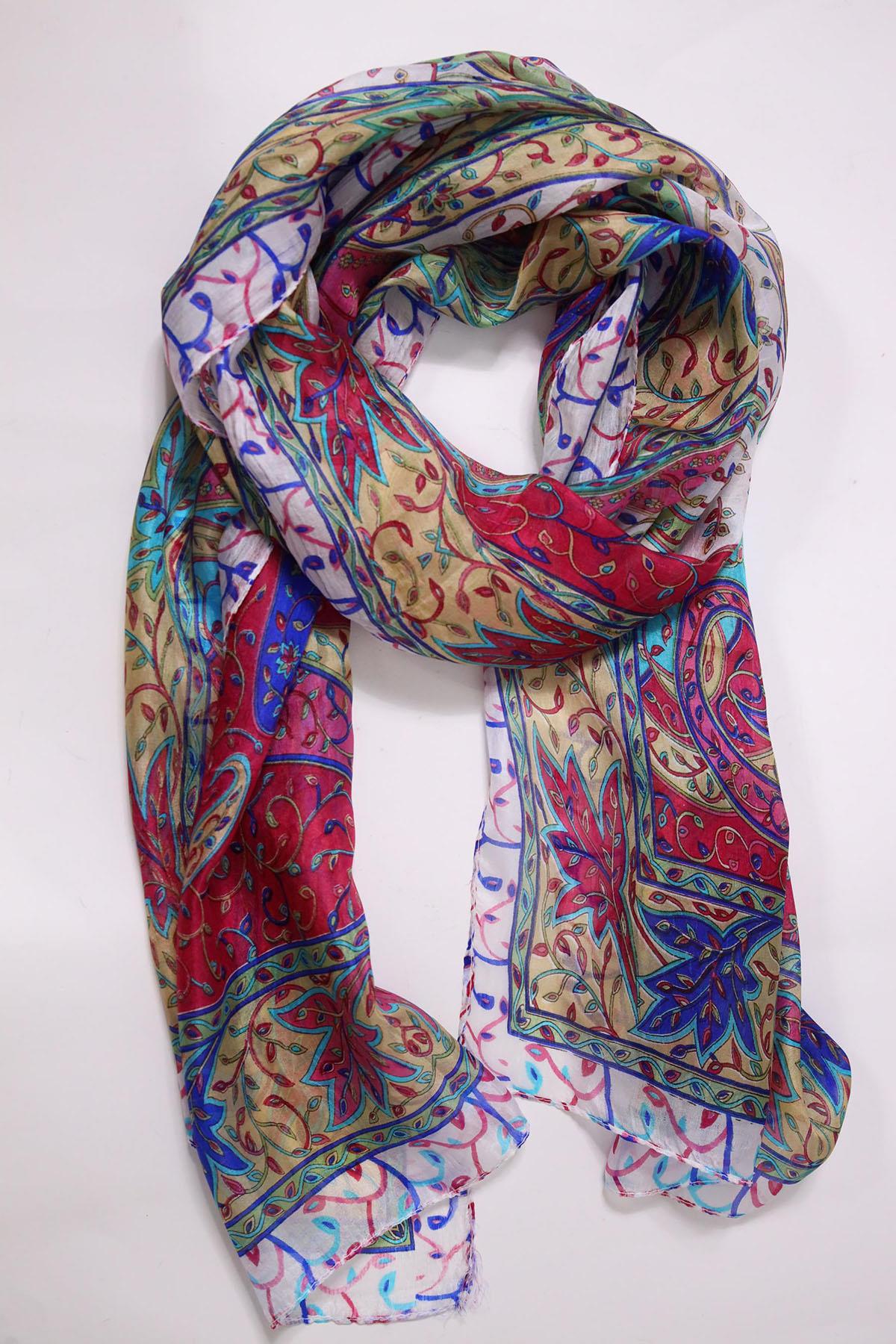 Ekru Desenli İpek Şal - Şaman Butik Ekru Desenli İpek Şal