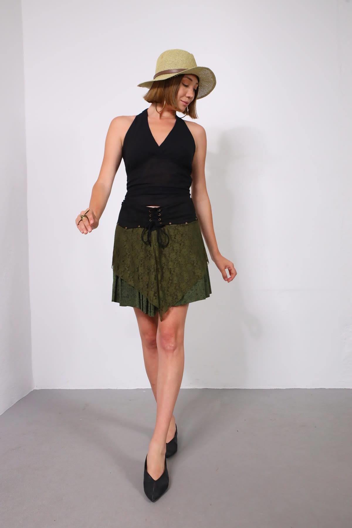 Haki Tasarım Süet Parçalı Dantel Etek - Şaman Butik Haki Tasarım Süet Parçalı Dantel Etek