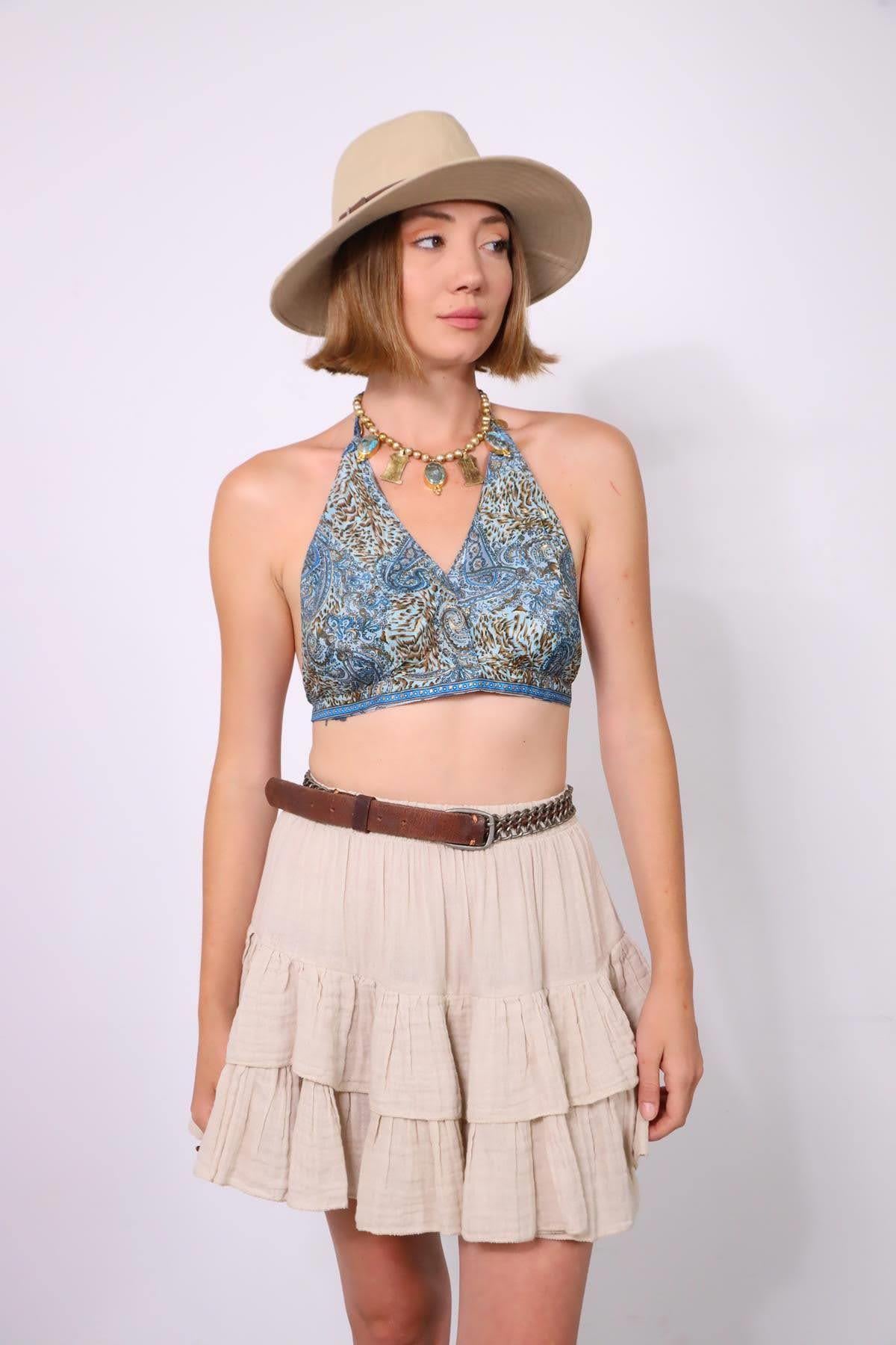 Mavi Desenli Bağlamalı İpek Crop Bluz - Şaman Butik Mavi Desenli Bağlamalı İpek Crop Bluz