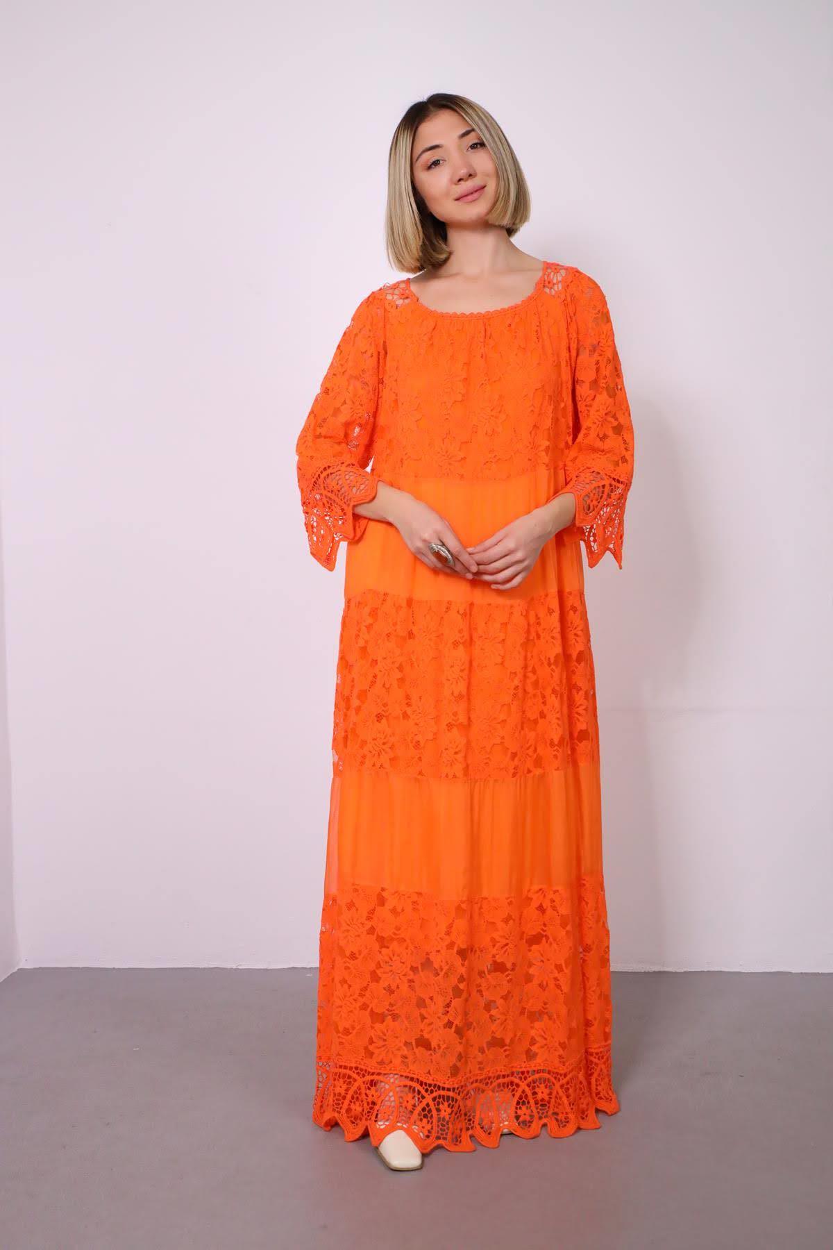 Turuncu Güpür Detaylı İpek Elbise - Şaman Butik Turuncu Güpür Detaylı İpek Elbise