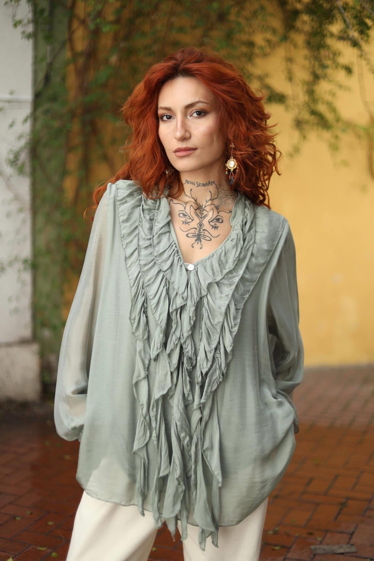 Khaki Ruffled Single Button Silk Blouse