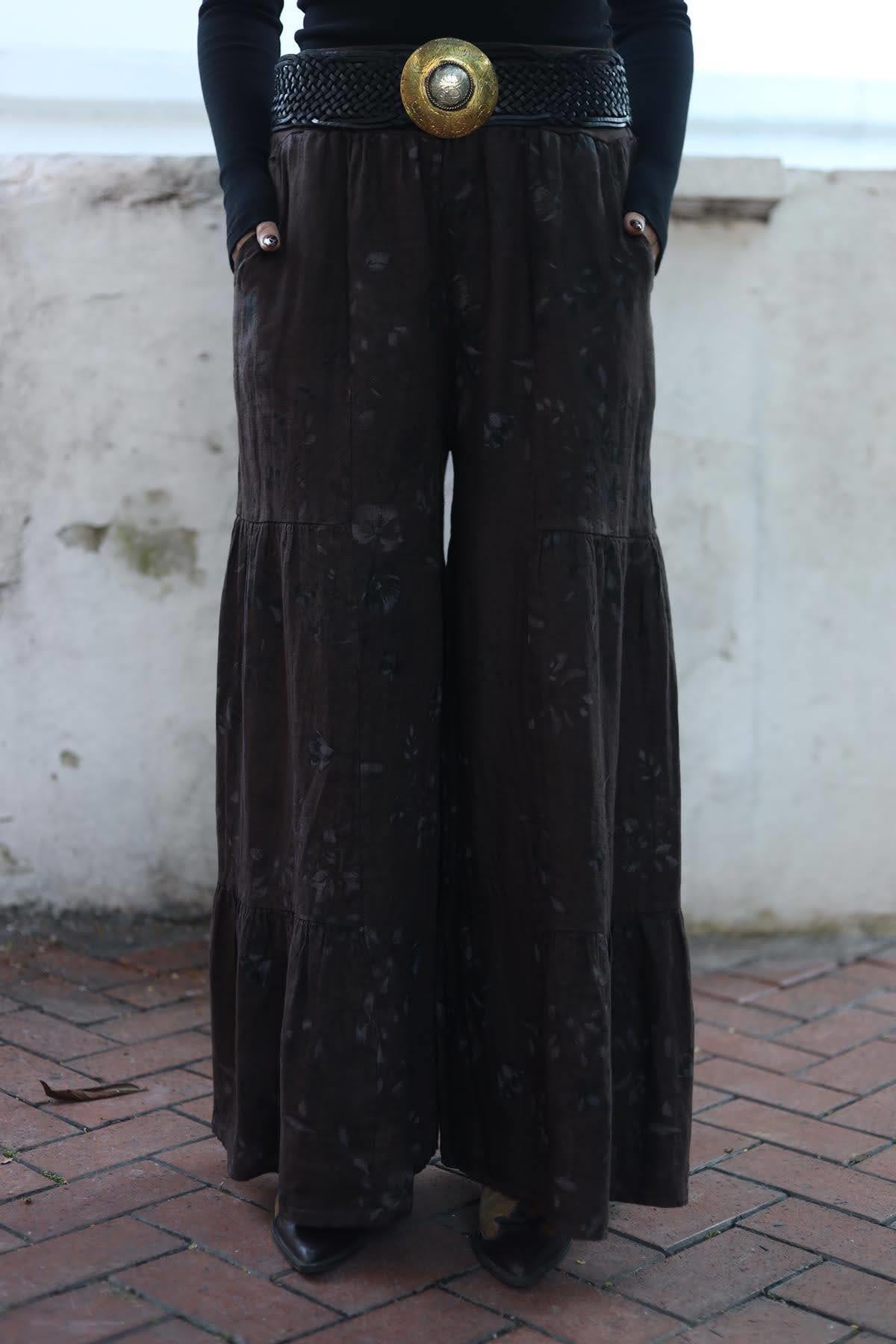 Kahverengi Desenli Dikiş Detaylı Keten Pantolon