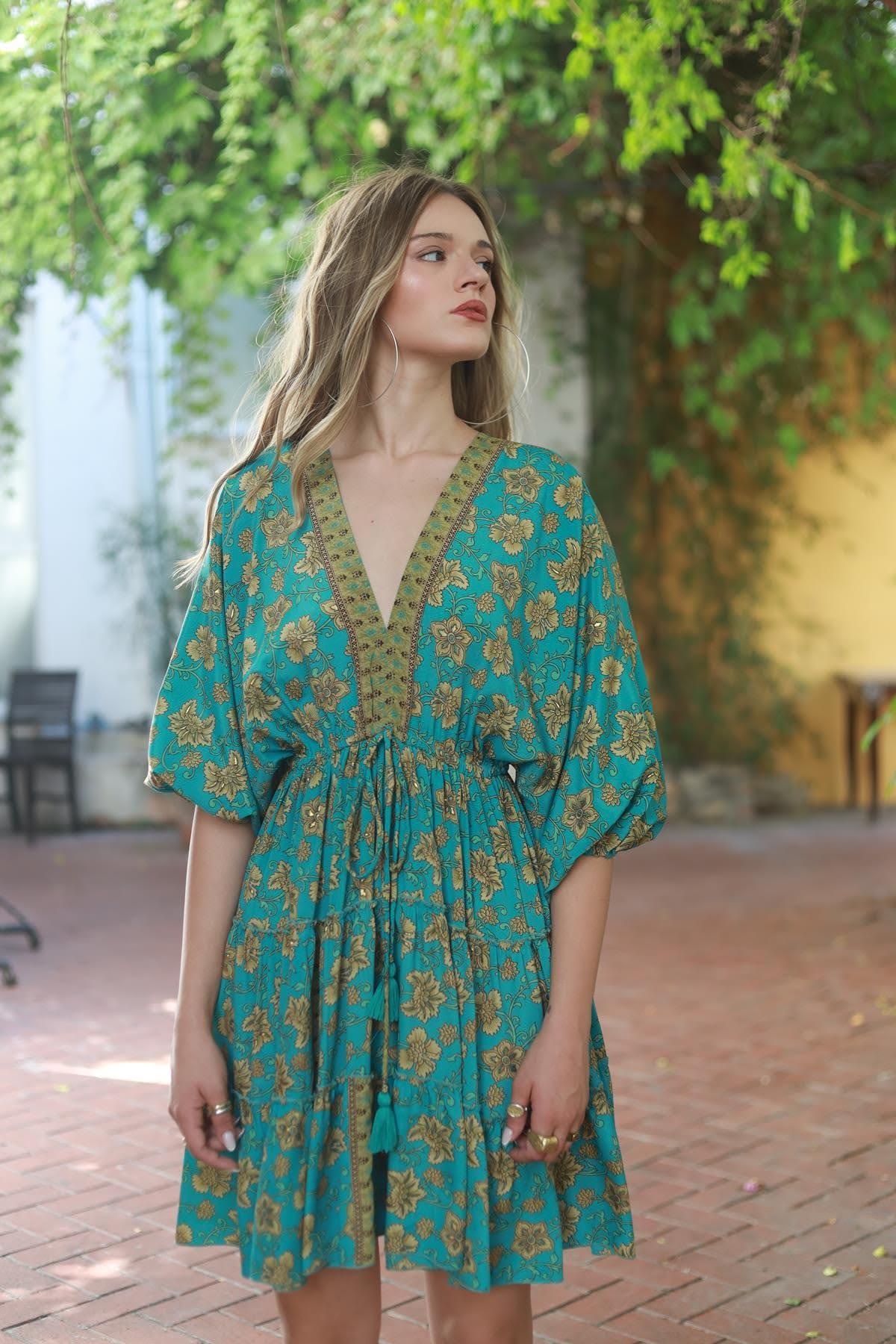 Mint Green Patterned V Neck Short Silk Dress