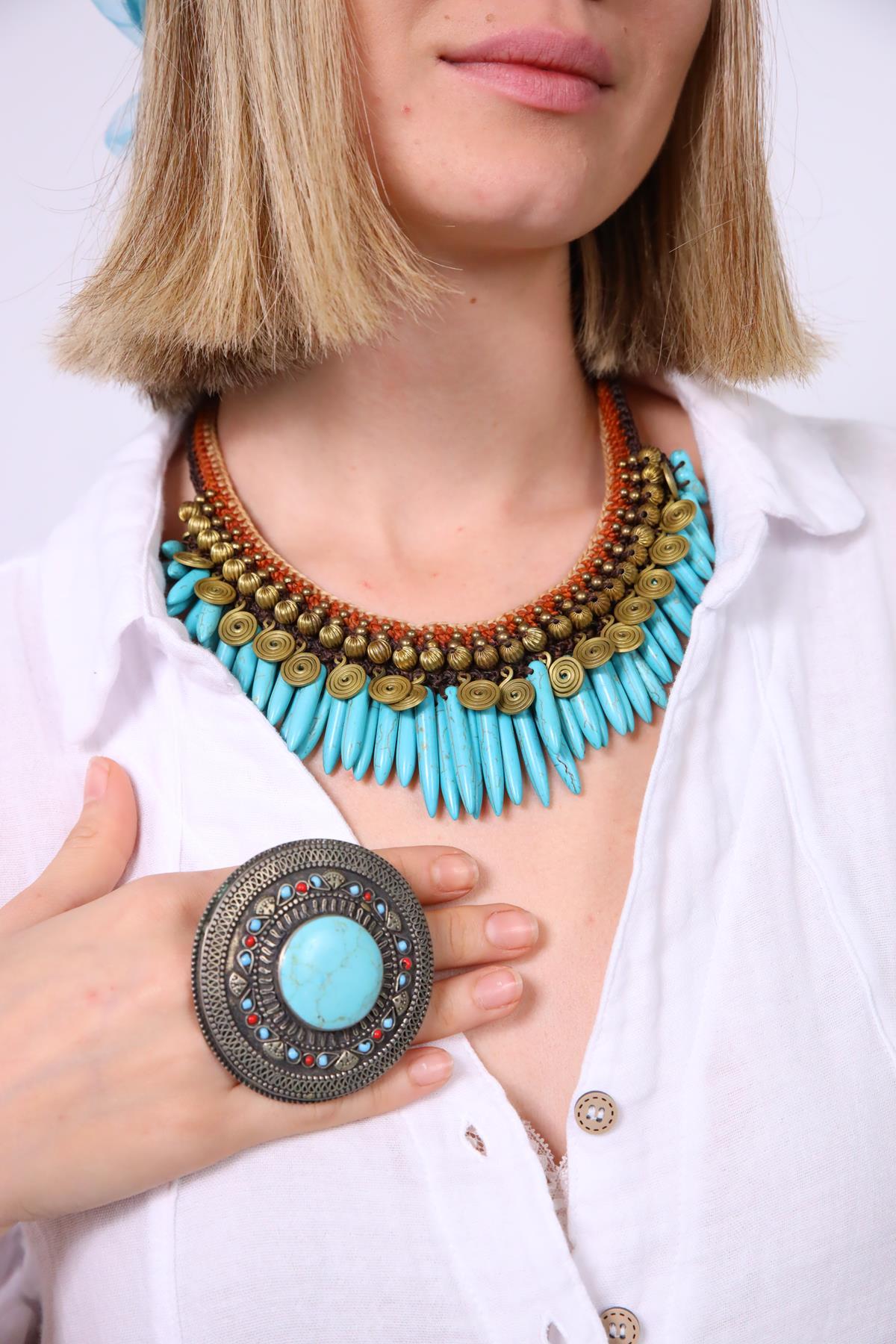 Turkuaz Taşlı Bronz Tasarım Kolye - Şaman Butik Turkuaz Taşlı Bronz Tasarım Kolye