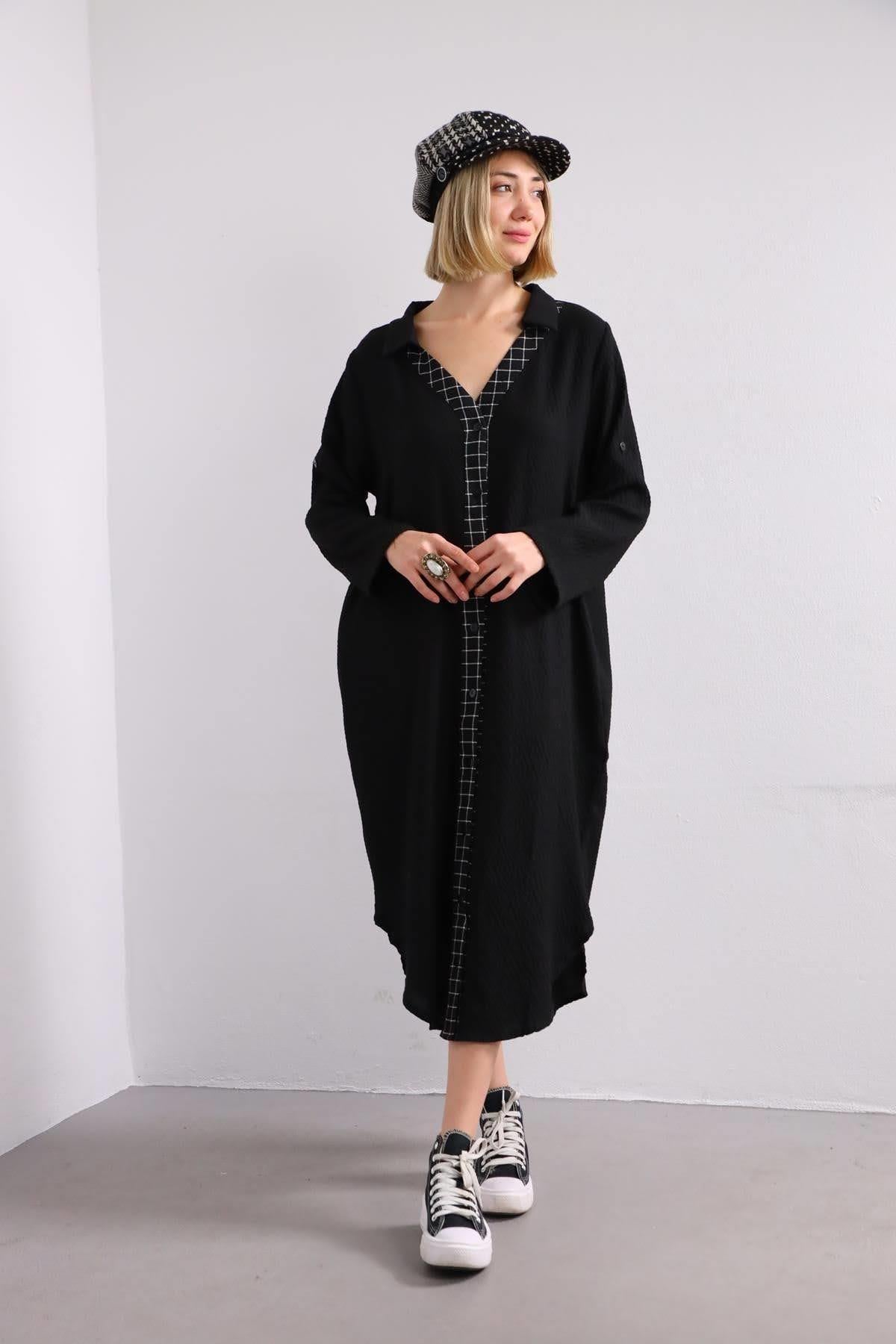 Siyah Kendinden Kareli Önü Full Düğmeli Elbise - Şaman Butik - Bohem Giyim ve Aksesuar | Kadın & Erkek Siyah Kendinden Kareli Önü Full Düğmeli Elbise