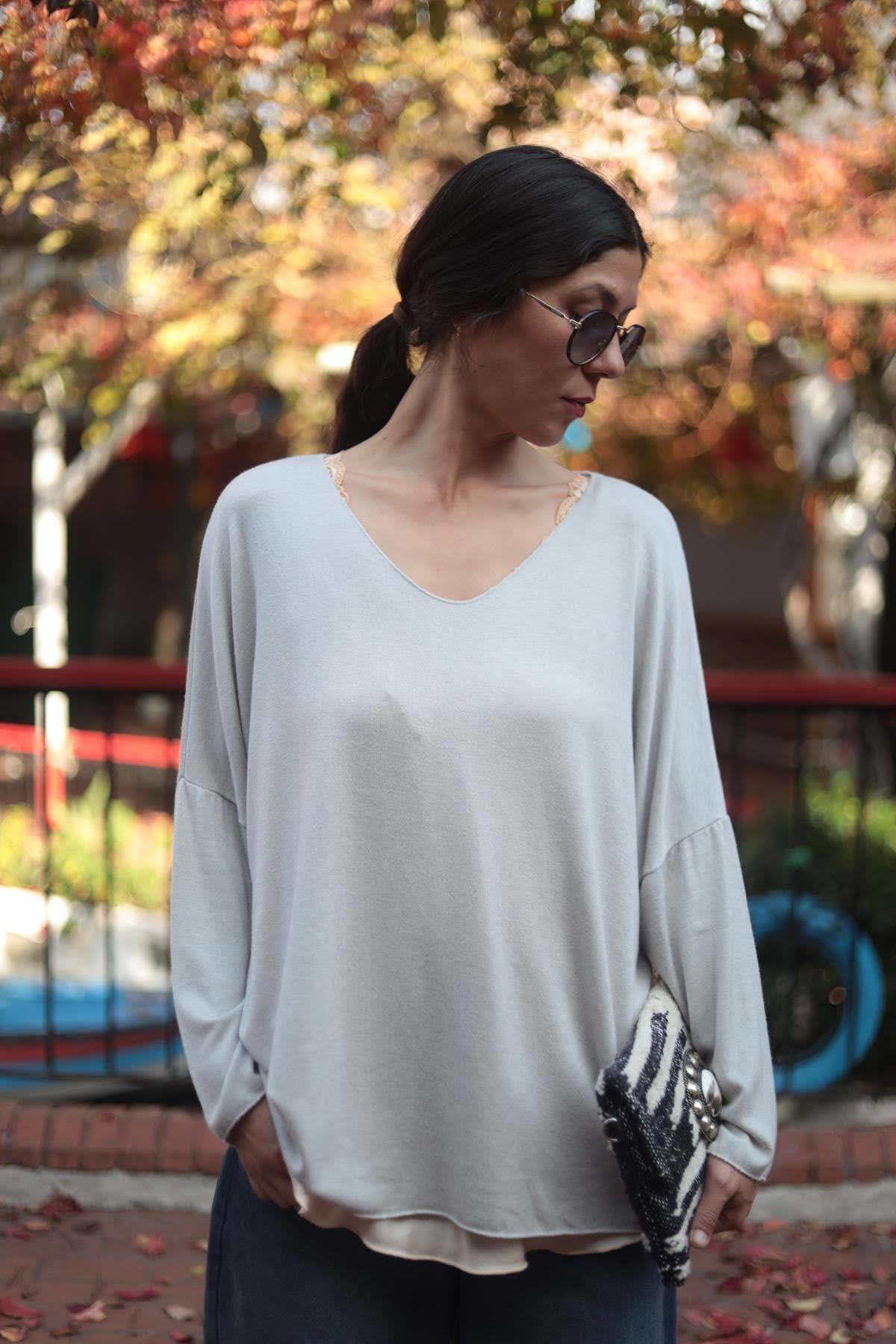 Bej V Yaka Yumuşak Doku Angora Bluz