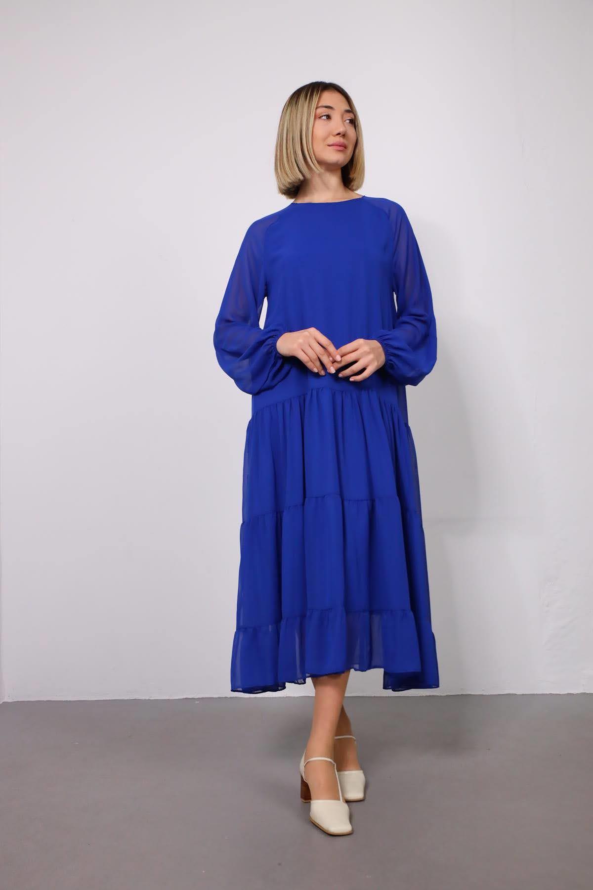 Navy Blue Floral Stitched Waist Shirt Dress - Şaman Butik Blue Ruffle Hem Maxi Dress