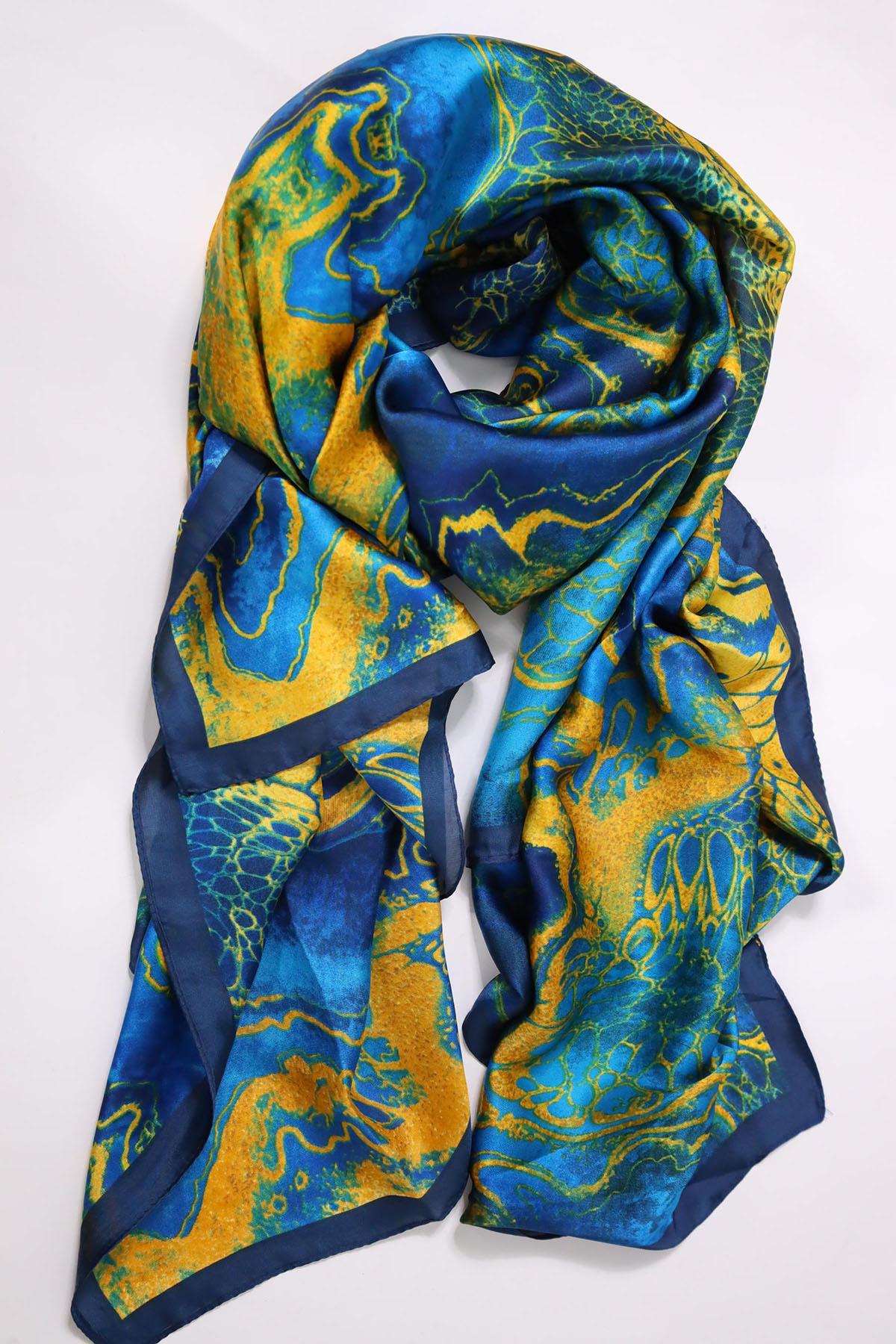 Lacivert Desenli Otantik İpek Şal - Şaman Butik Lacivert Desenli Otantik İpek Şal