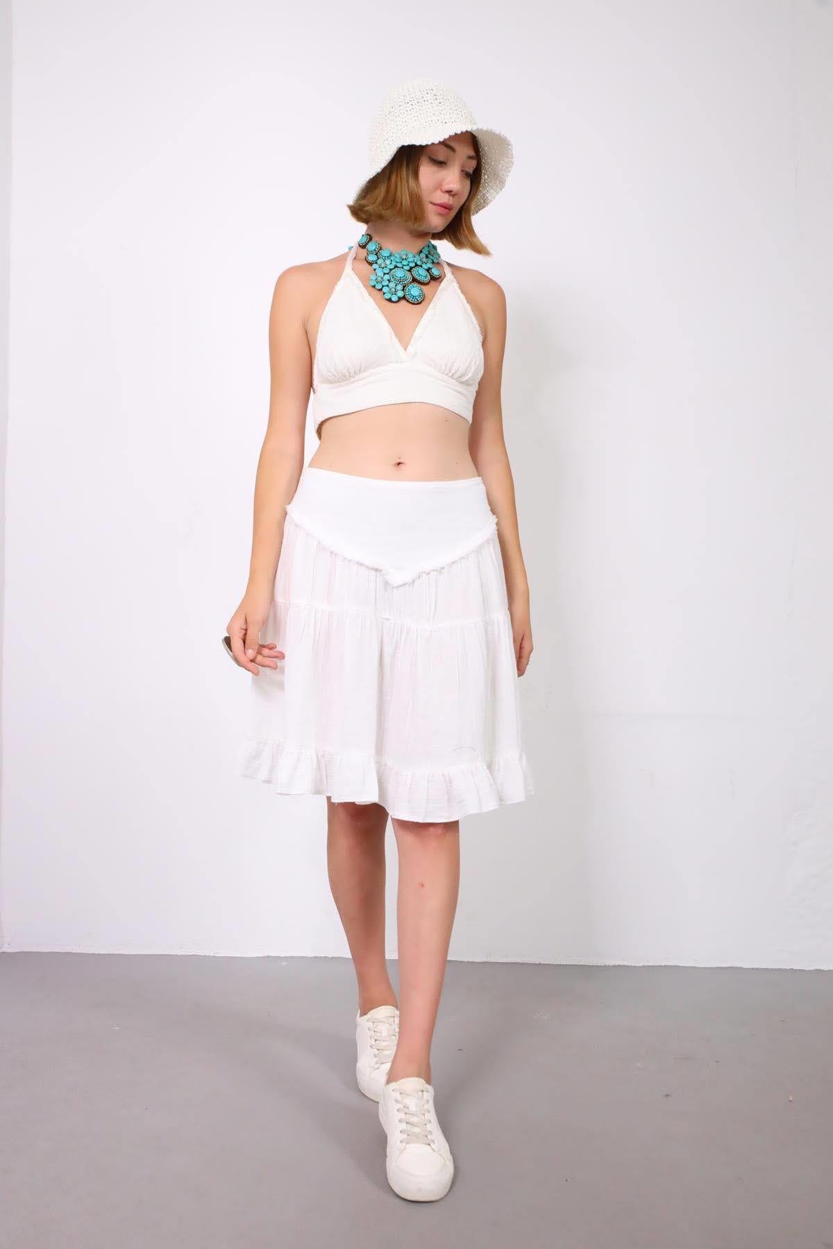  Beyaz Asimetrik Püsküllü Müslin Etek