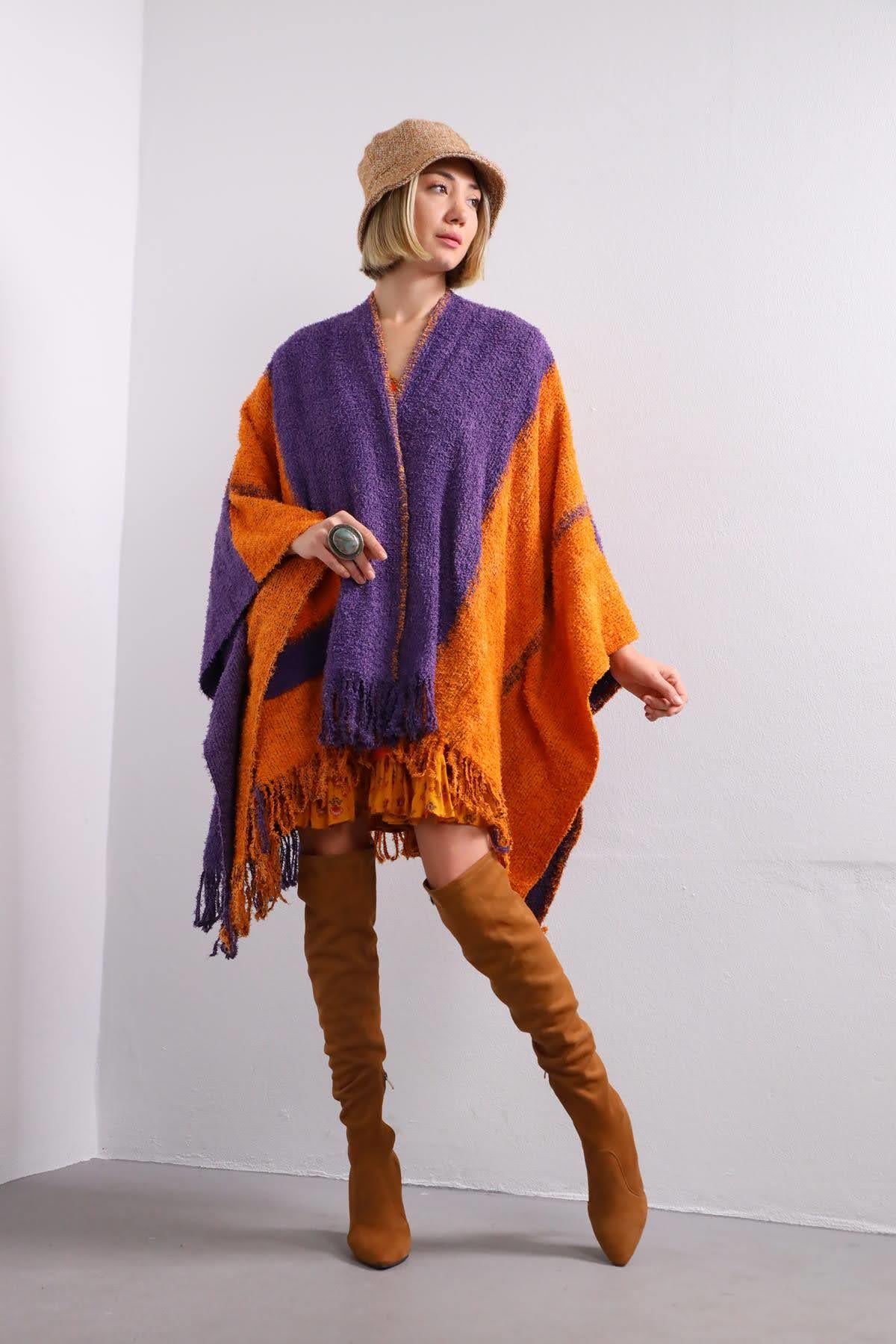  Mor Turuncu Tek Cepli Saçaklı Panço