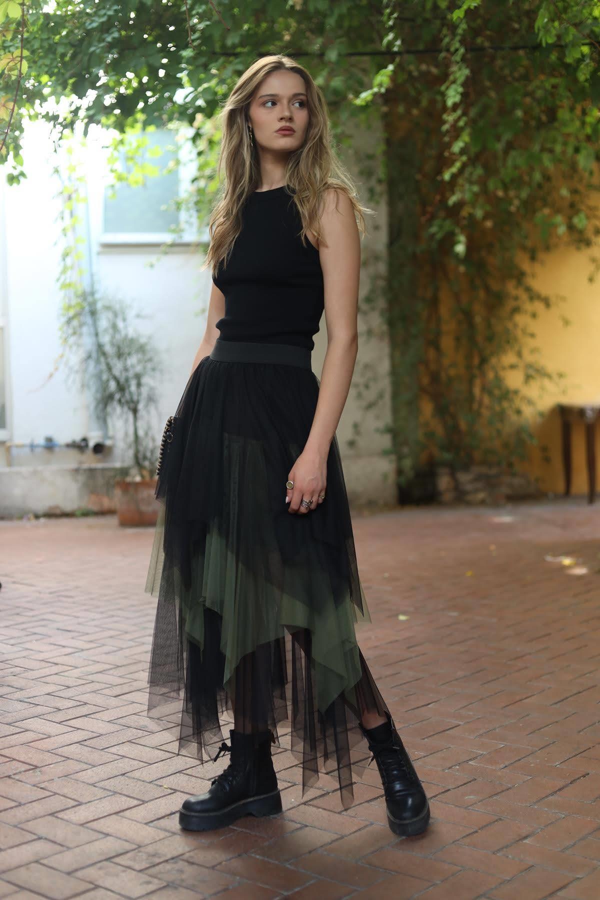 Khaki Double Color Layered Tulle Skirt