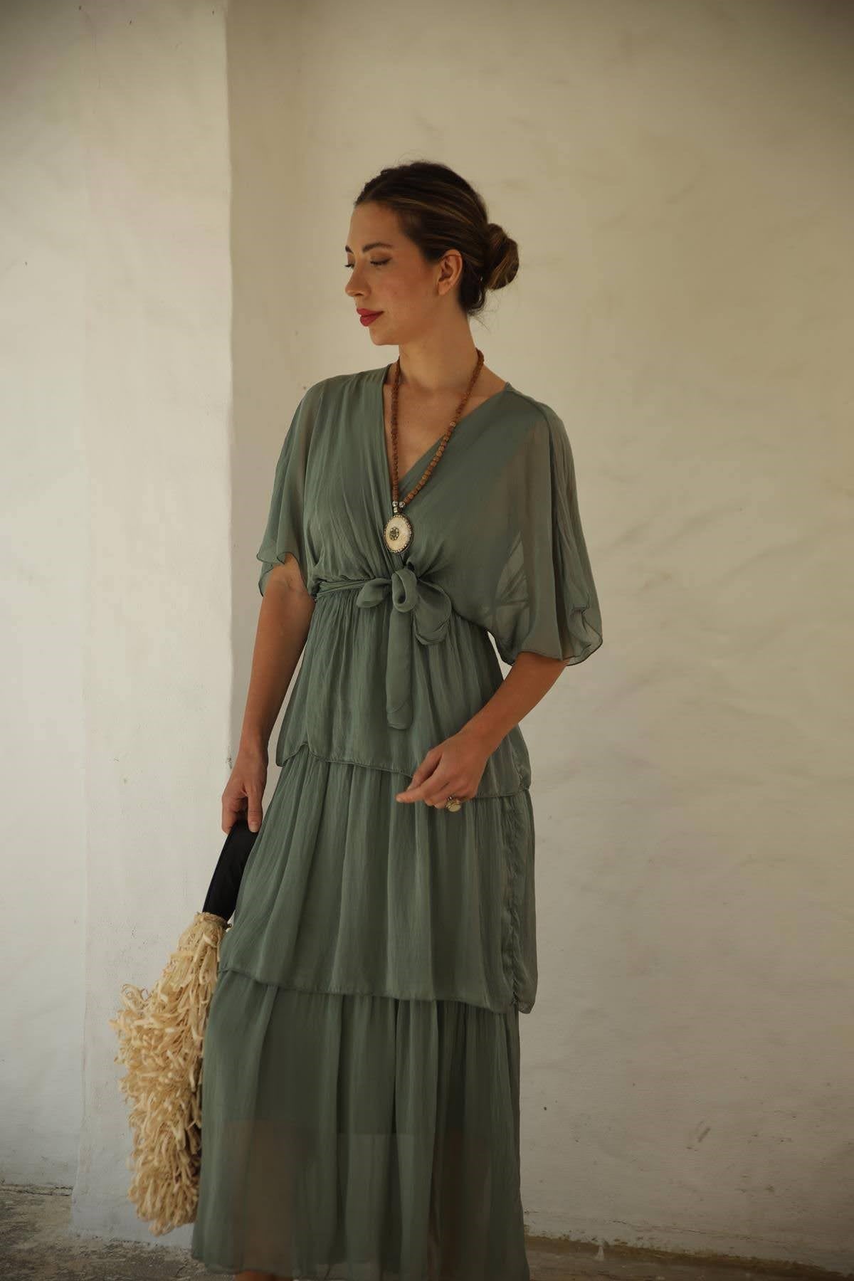 Haki Kruvaze Yaka Belden Bağlamalı İpek Elbise